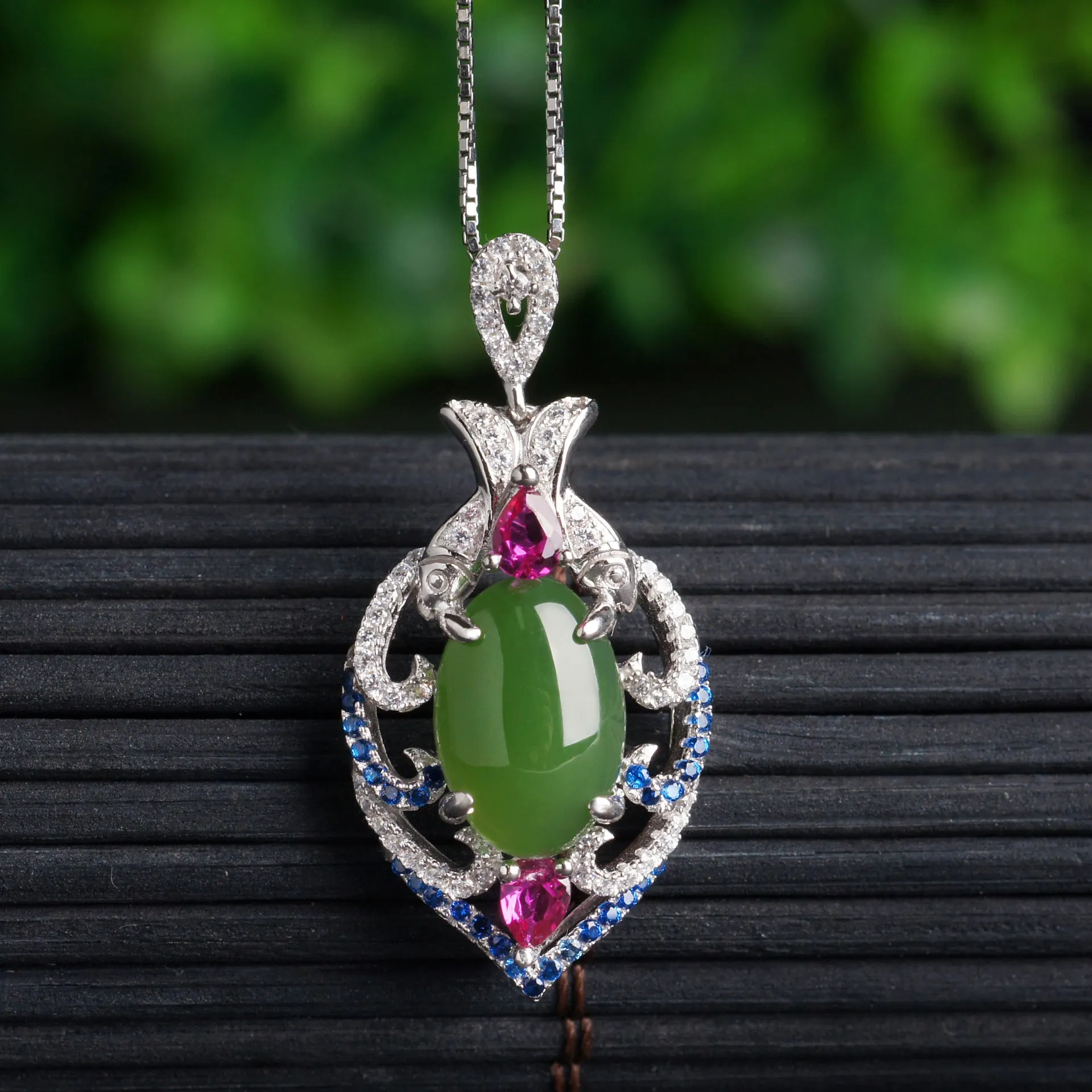 Natural Jade Pendant Nephrite Silver Zircon Pendant ZPT191
