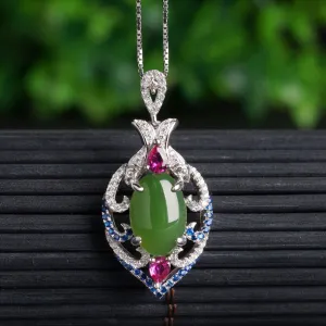 Natural Jade Pendant Nephrite Silver Zircon Pendant ZPT191