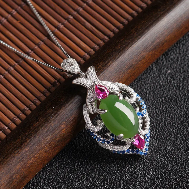 Natural Jade Pendant Nephrite Silver Zircon Pendant ZPT191