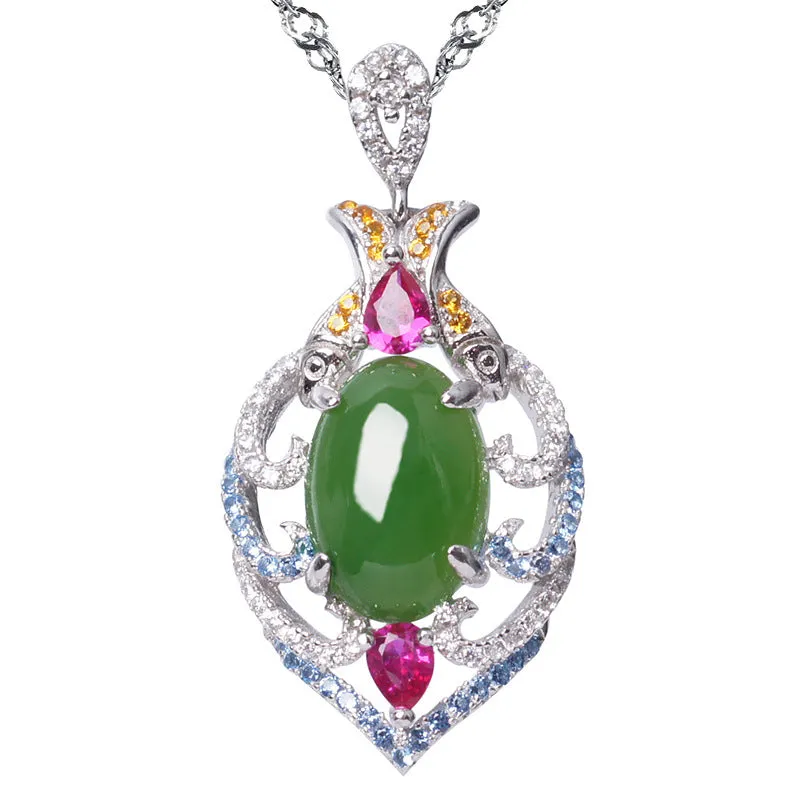 Natural Jade Pendant Nephrite Silver Zircon Pendant ZPT191