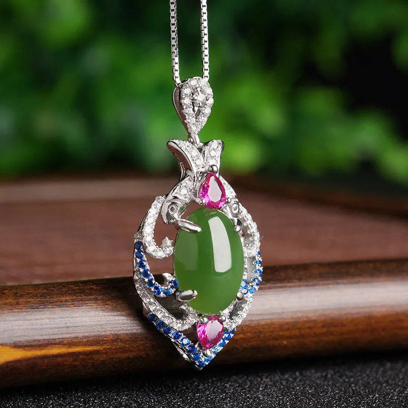 Natural Jade Pendant Nephrite Silver Zircon Pendant ZPT191