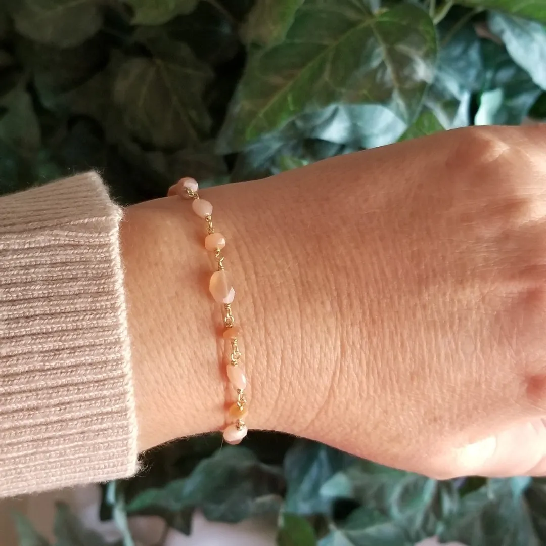 Natural Peach Moonstone Bracelet, Boho Beaded Bracelet, Stacking Bracelet