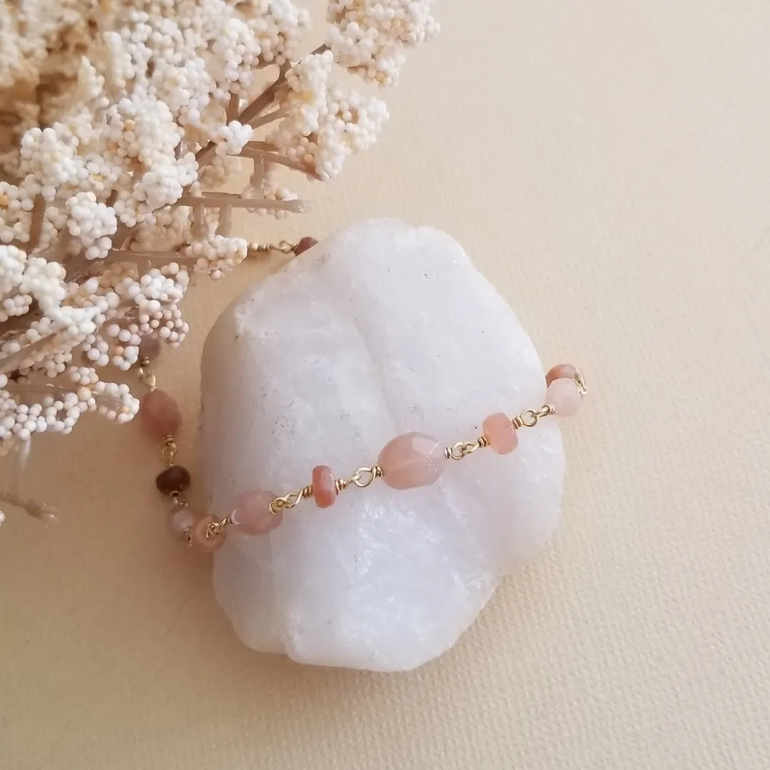 Natural Peach Moonstone Bracelet, Boho Beaded Bracelet, Stacking Bracelet