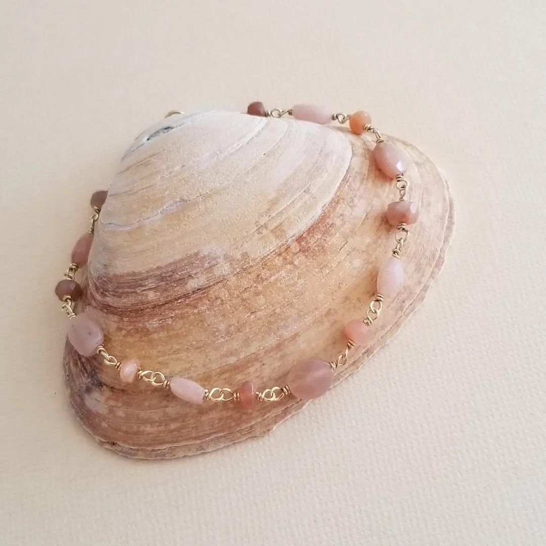 Natural Peach Moonstone Bracelet, Boho Beaded Bracelet, Stacking Bracelet