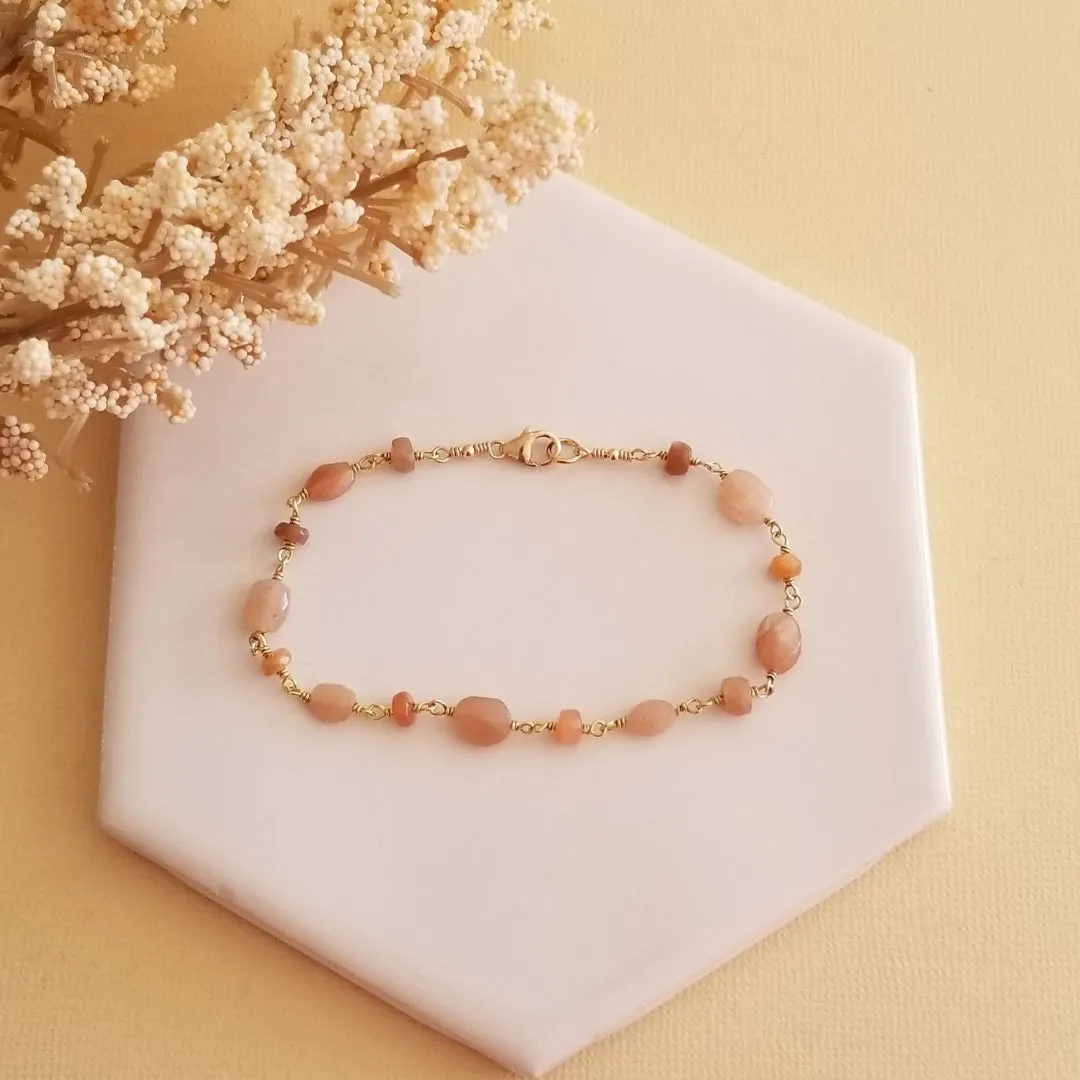 Natural Peach Moonstone Bracelet, Boho Beaded Bracelet, Stacking Bracelet