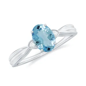 Oval Cut Real Aquamarine Solitaire Ring with Diamond