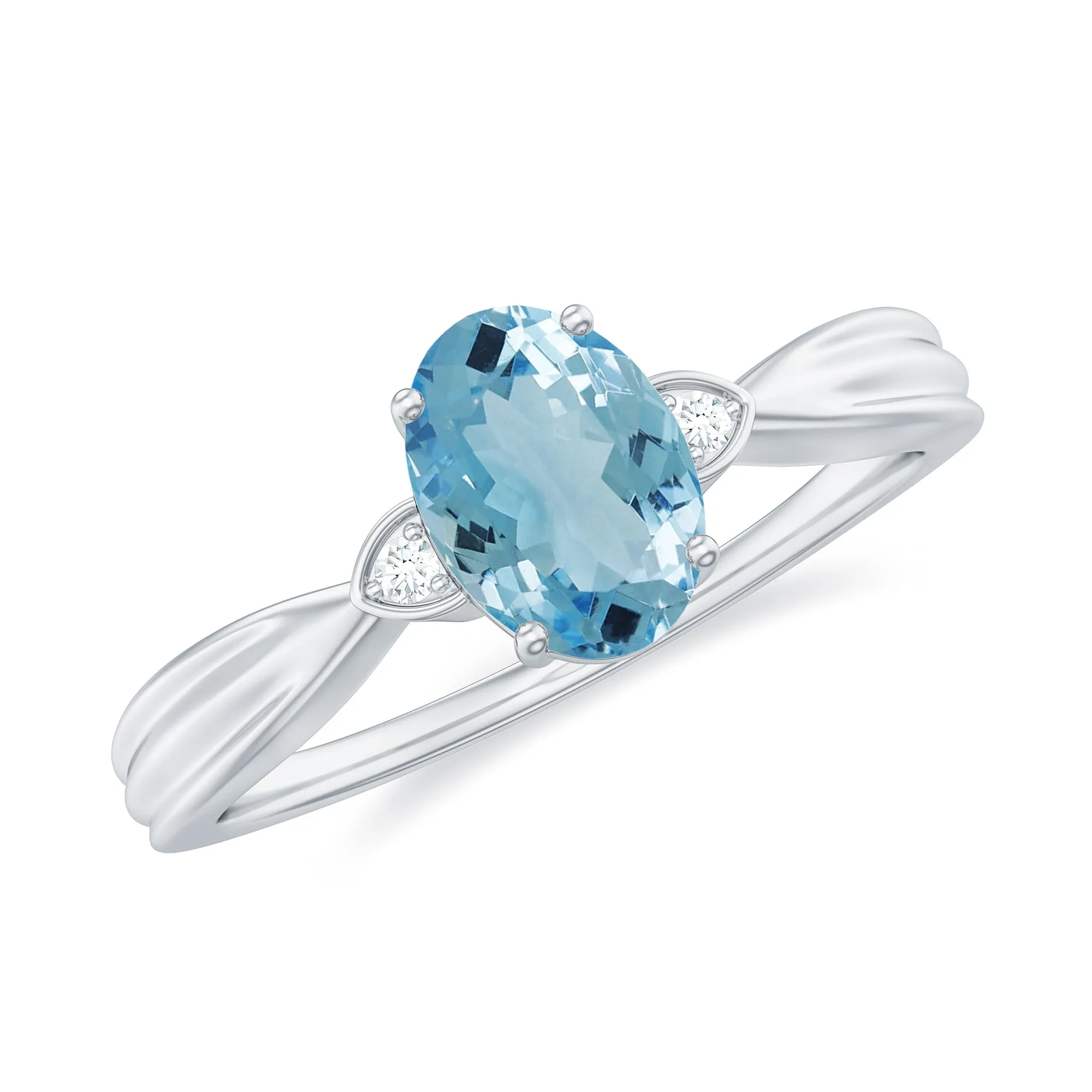 Oval Cut Real Aquamarine Solitaire Ring with Diamond