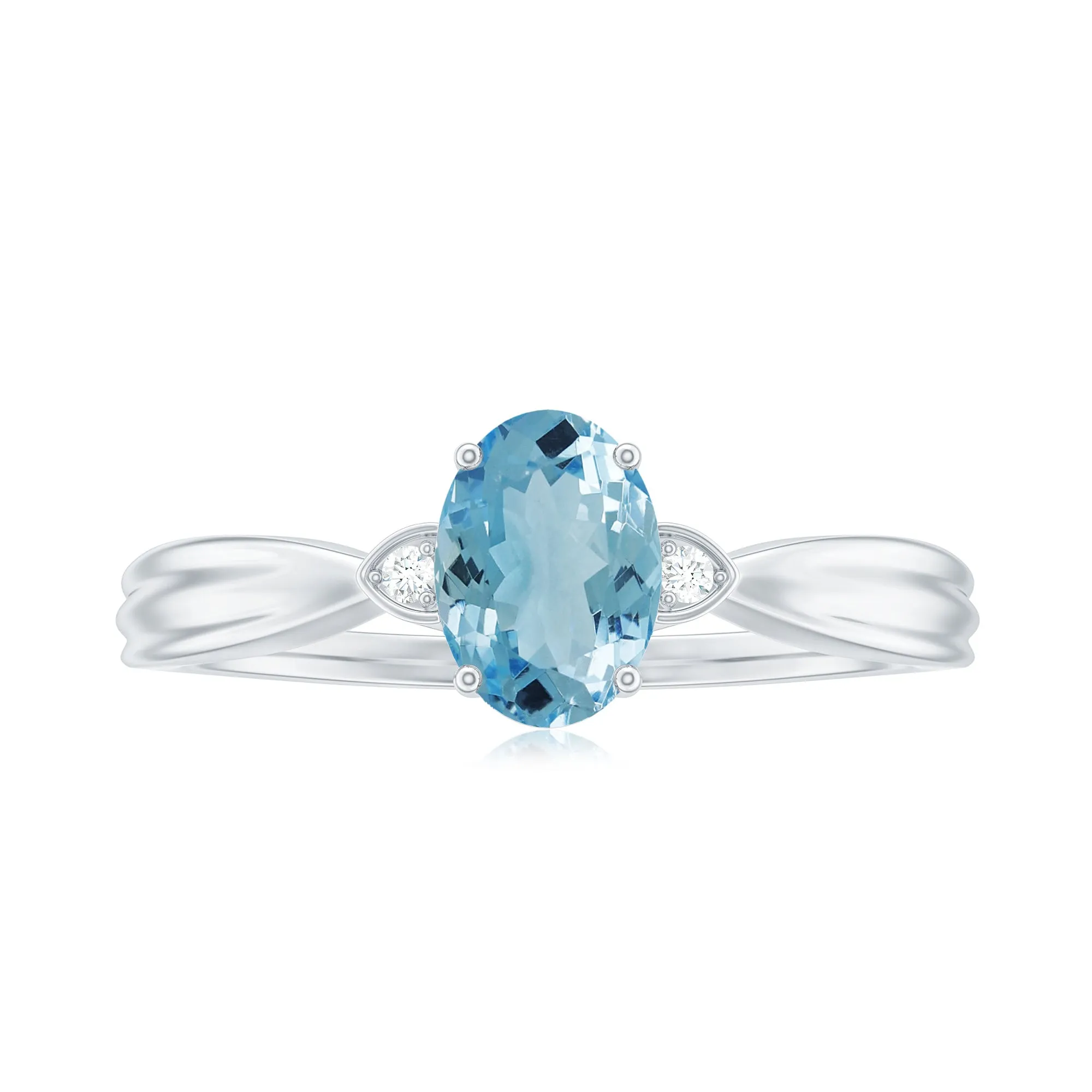 Oval Cut Real Aquamarine Solitaire Ring with Diamond