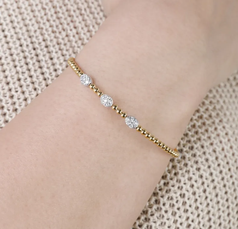 Pave Diamond & Yellow Gold Bead Bangle