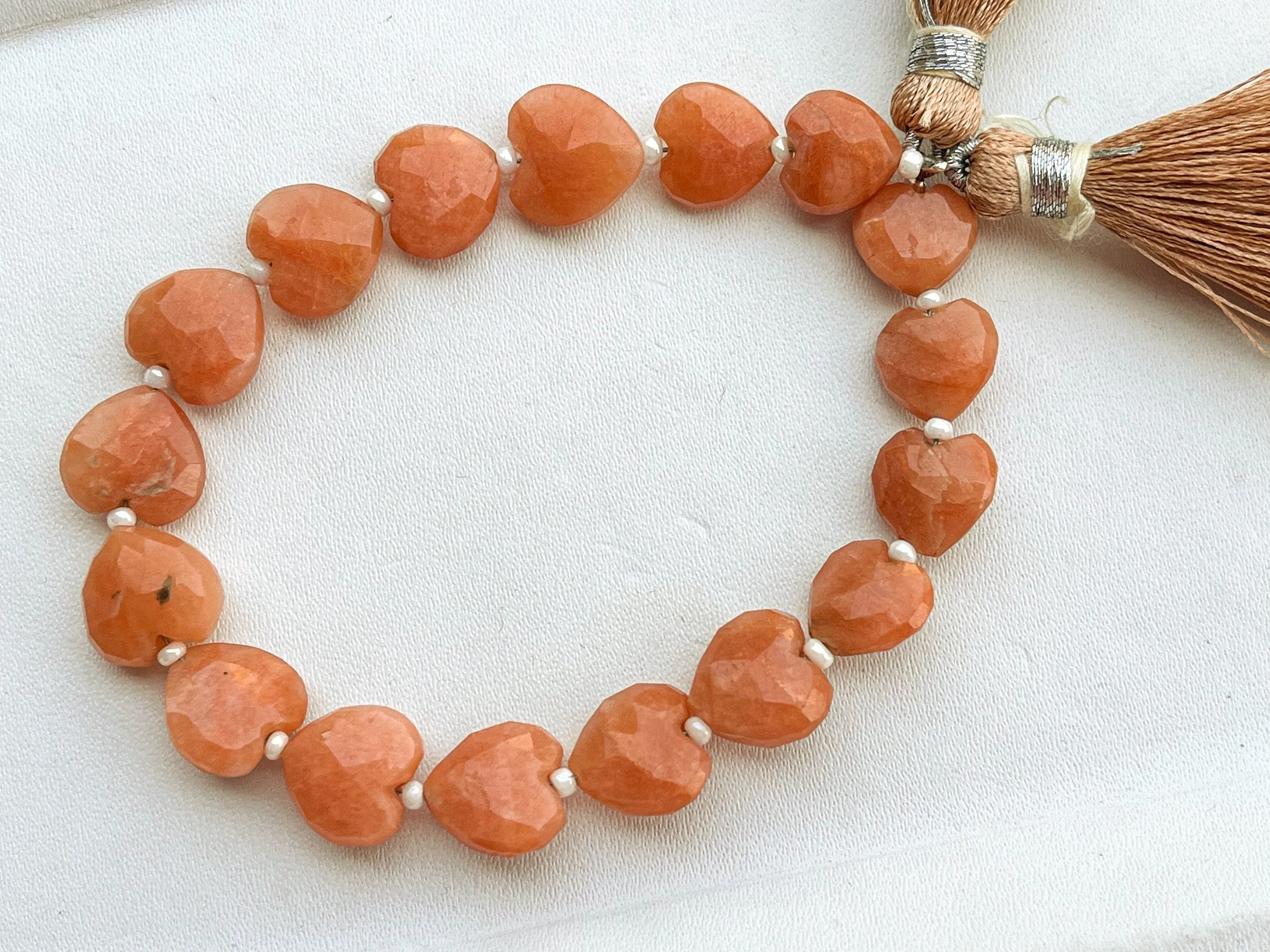 Peach Moonstone Heart Shape Beads 17 Pieces