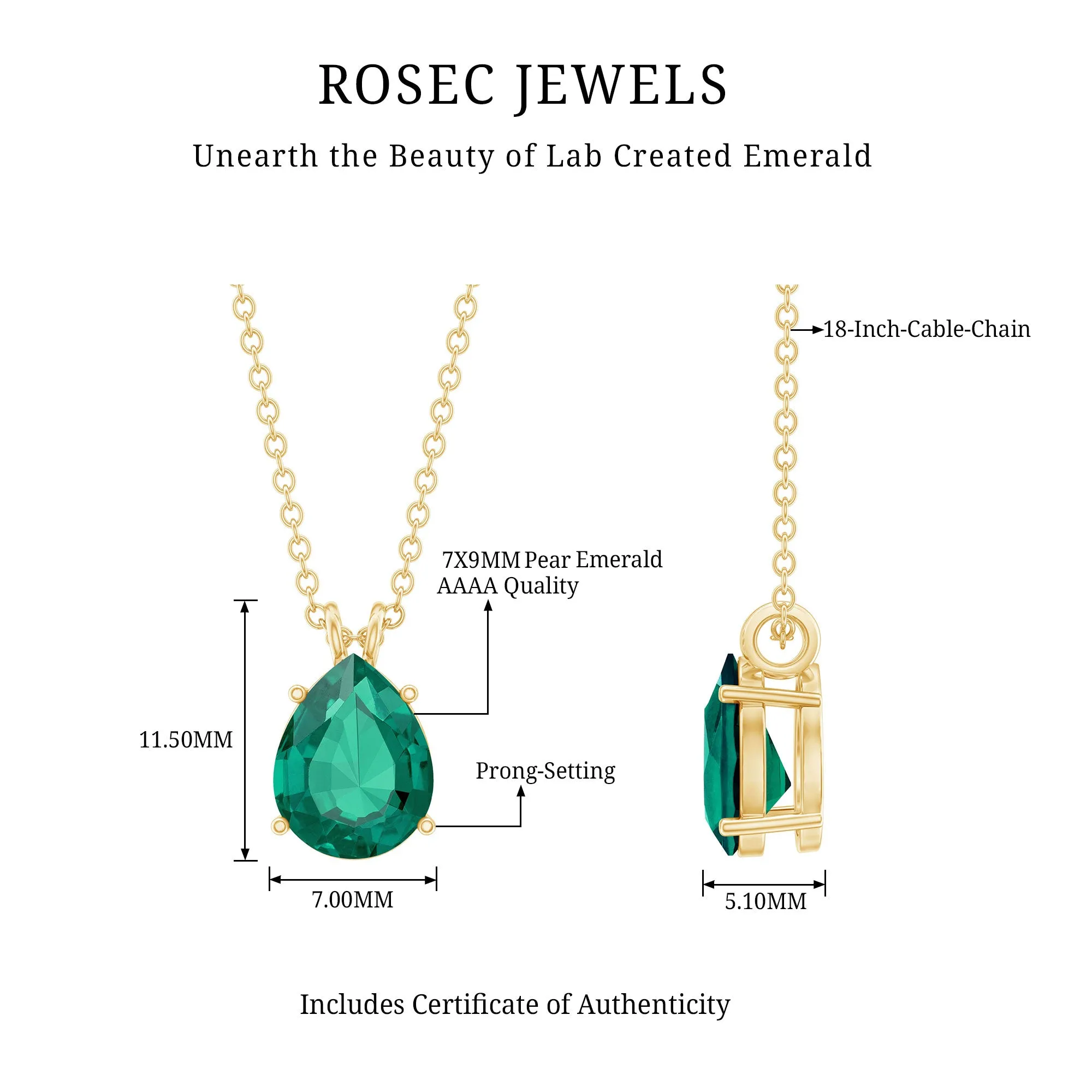 Pear Cut Lab Grown Emerald Solitaire Pendant Necklace