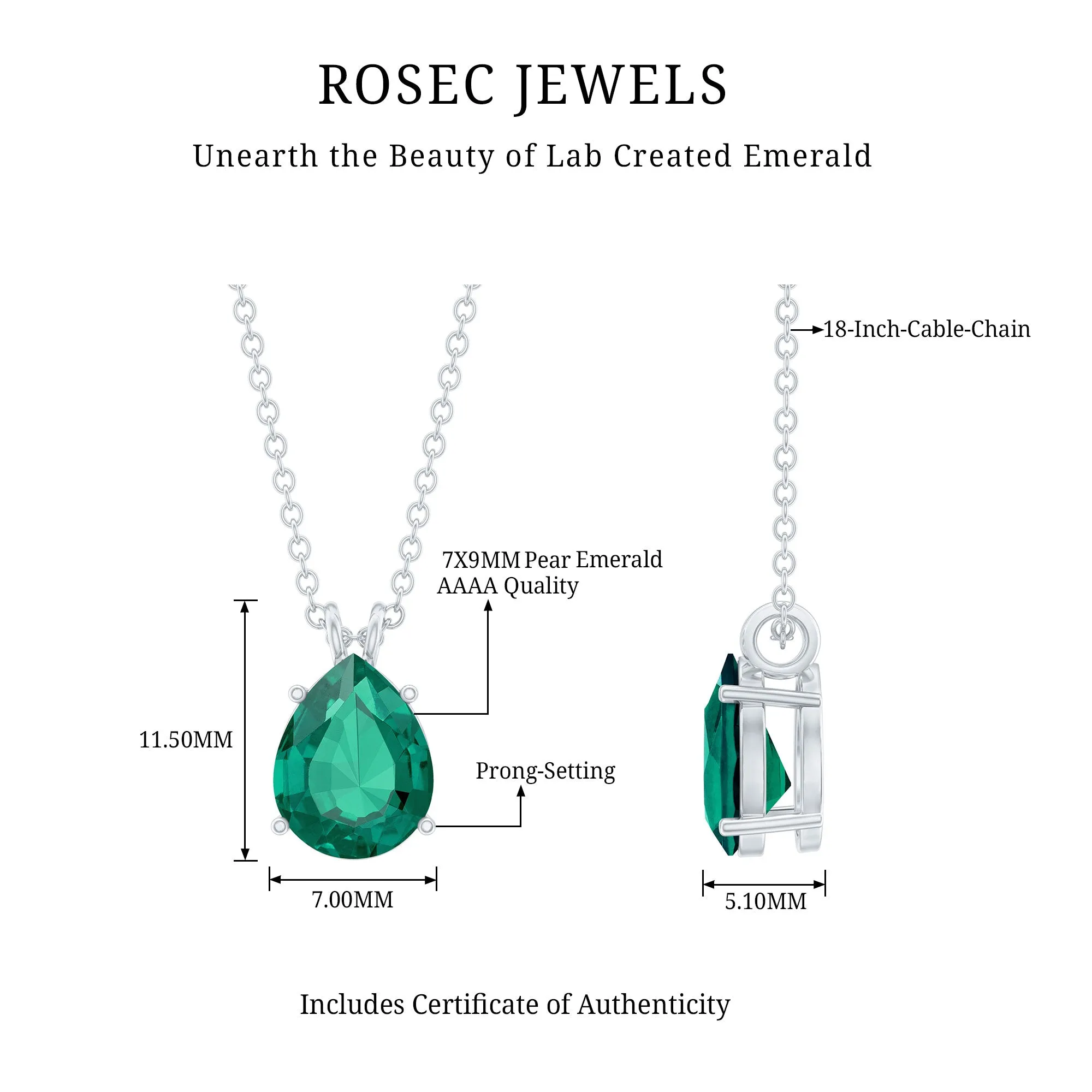 Pear Cut Lab Grown Emerald Solitaire Pendant Necklace