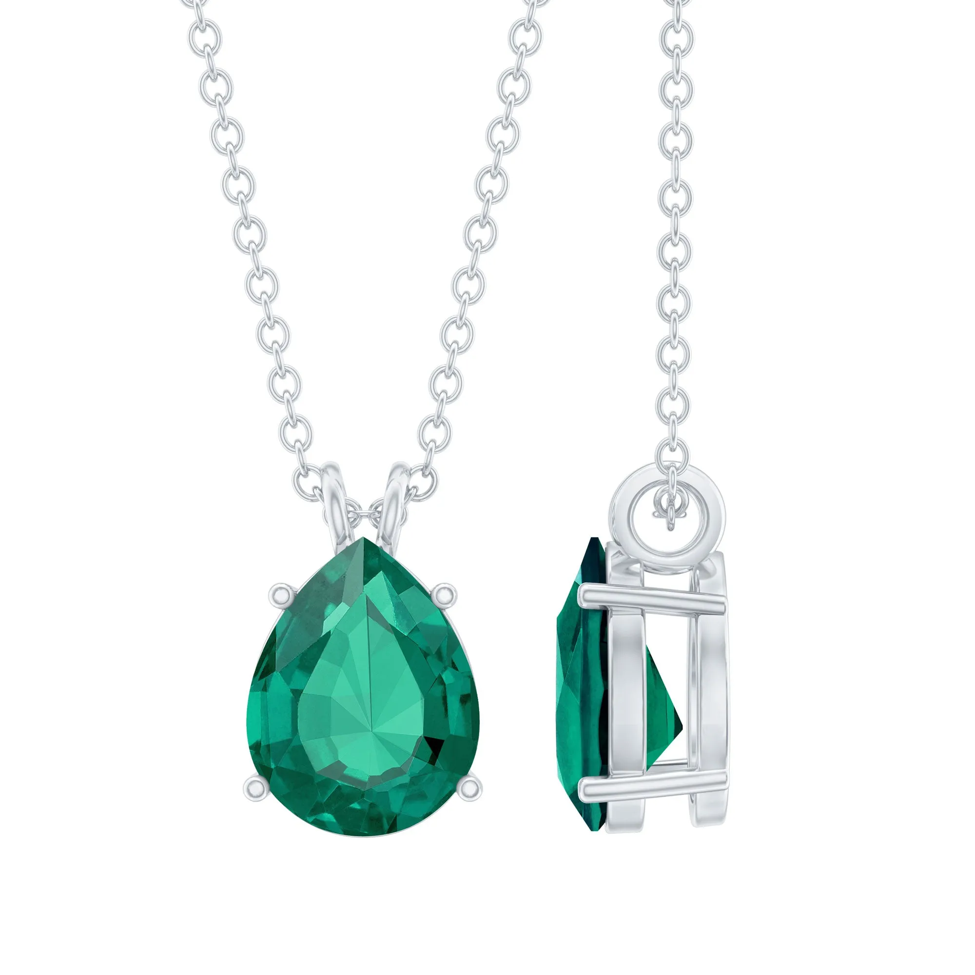 Pear Cut Lab Grown Emerald Solitaire Pendant Necklace