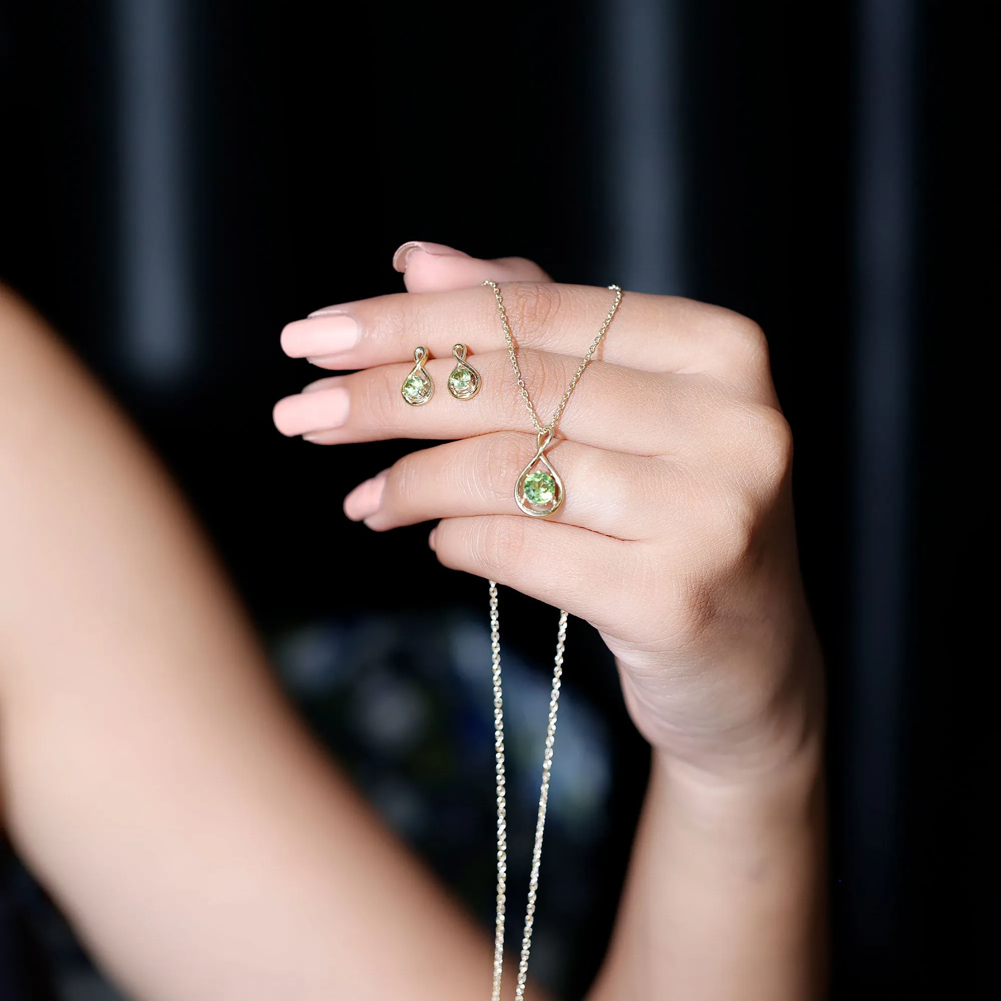 Peridot Solitaire Pendant and Earring Set with Infinity Design