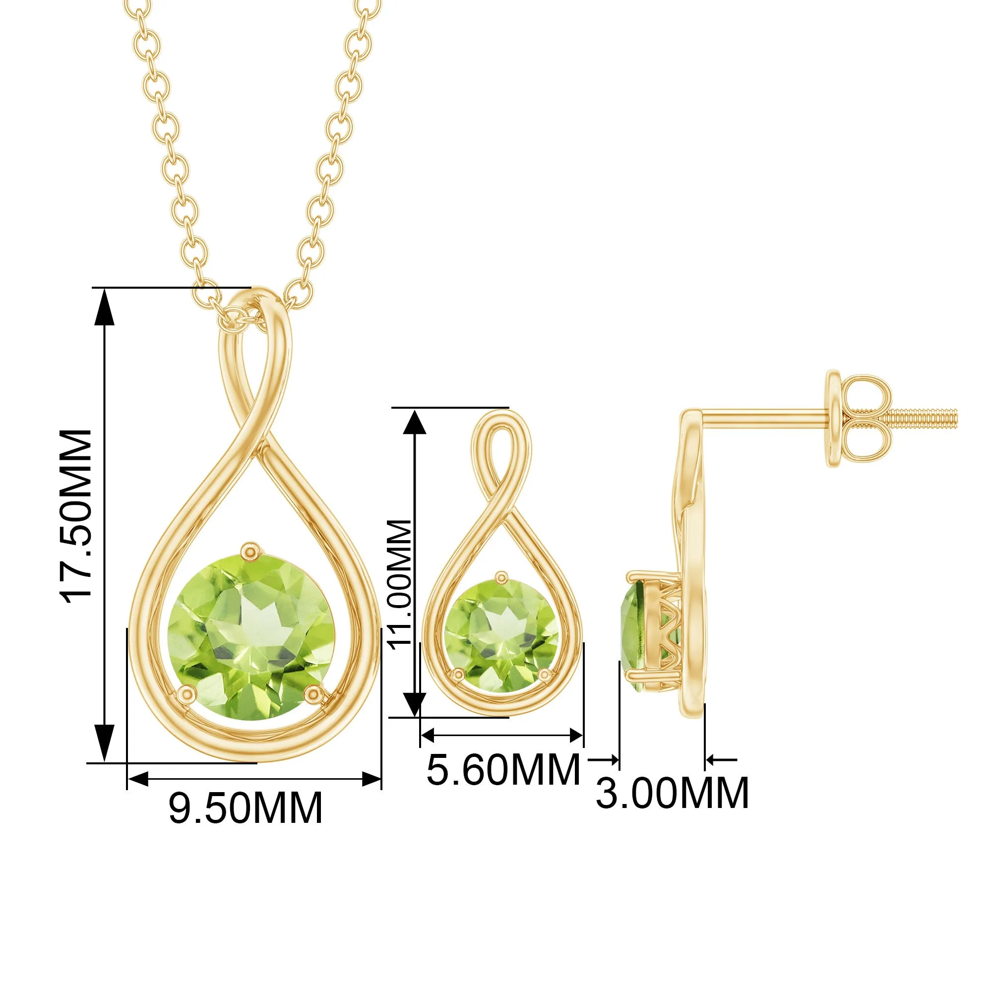 Peridot Solitaire Pendant and Earring Set with Infinity Design