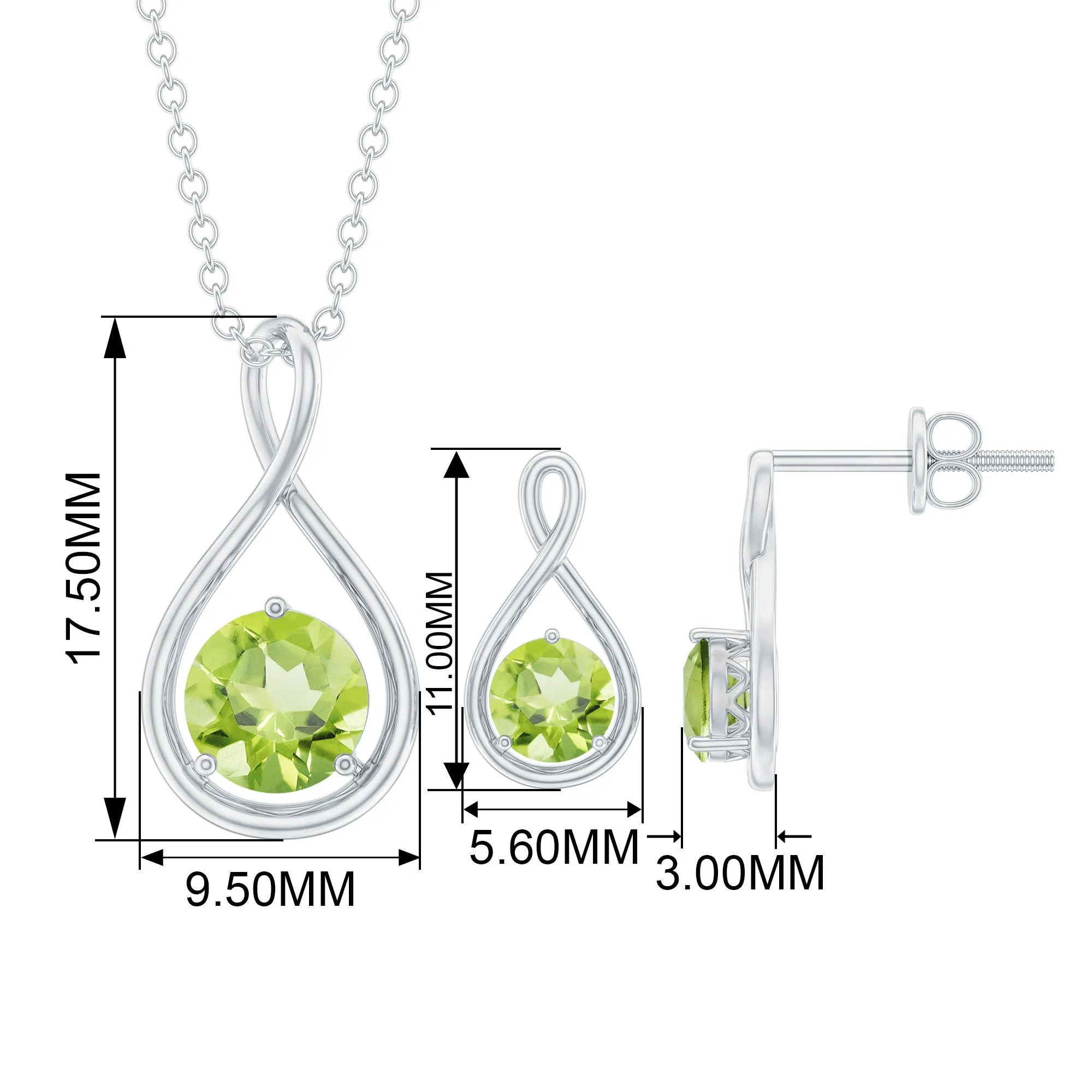 Peridot Solitaire Pendant and Earring Set with Infinity Design