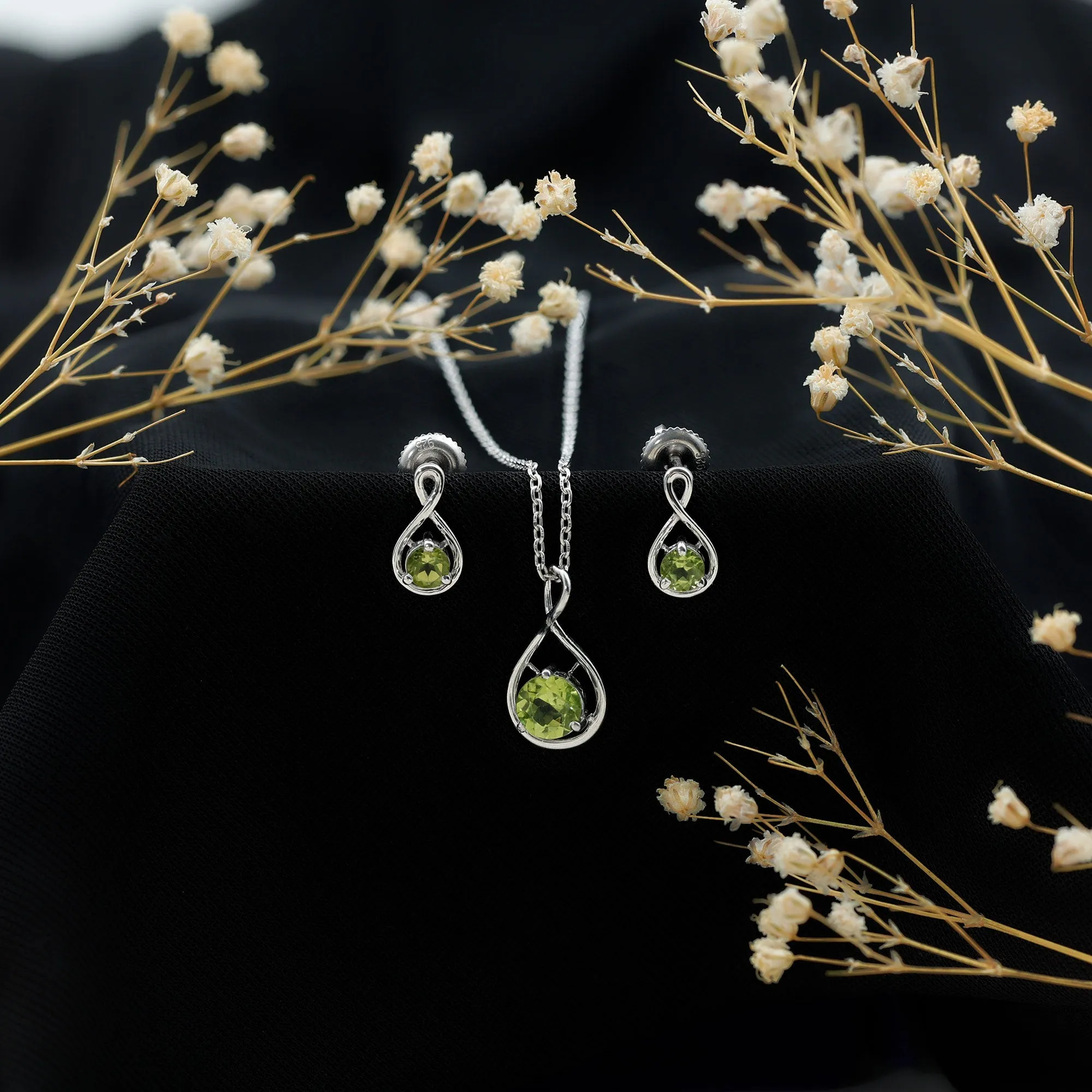 Peridot Solitaire Pendant and Earring Set with Infinity Design