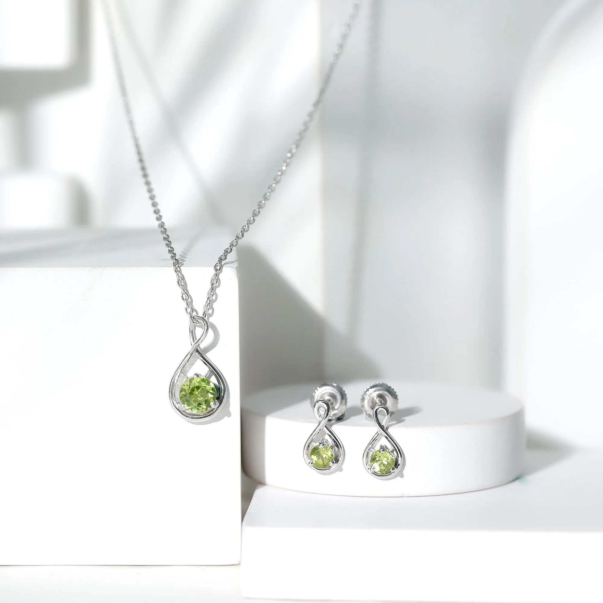 Peridot Solitaire Pendant and Earring Set with Infinity Design