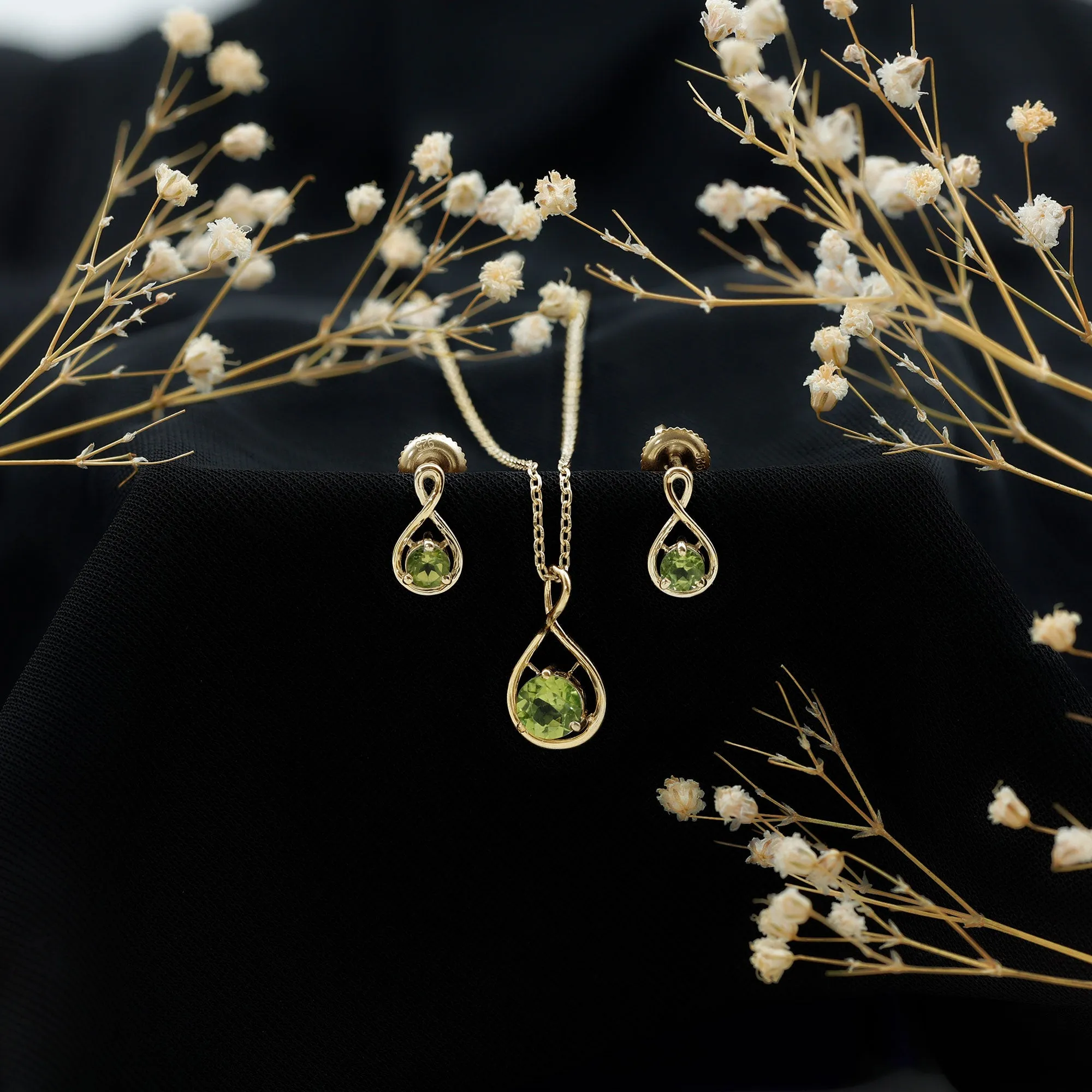 Peridot Solitaire Pendant and Earring Set with Infinity Design