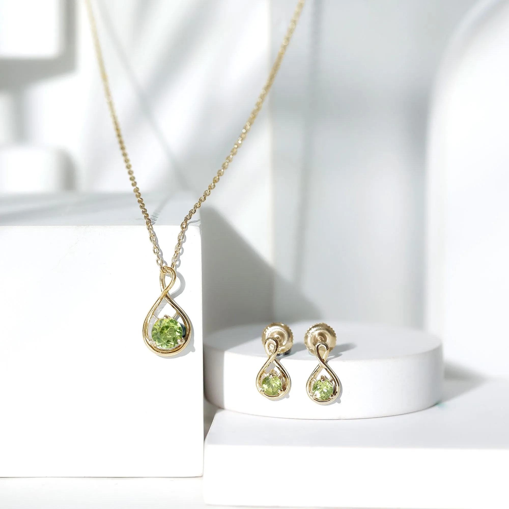 Peridot Solitaire Pendant and Earring Set with Infinity Design