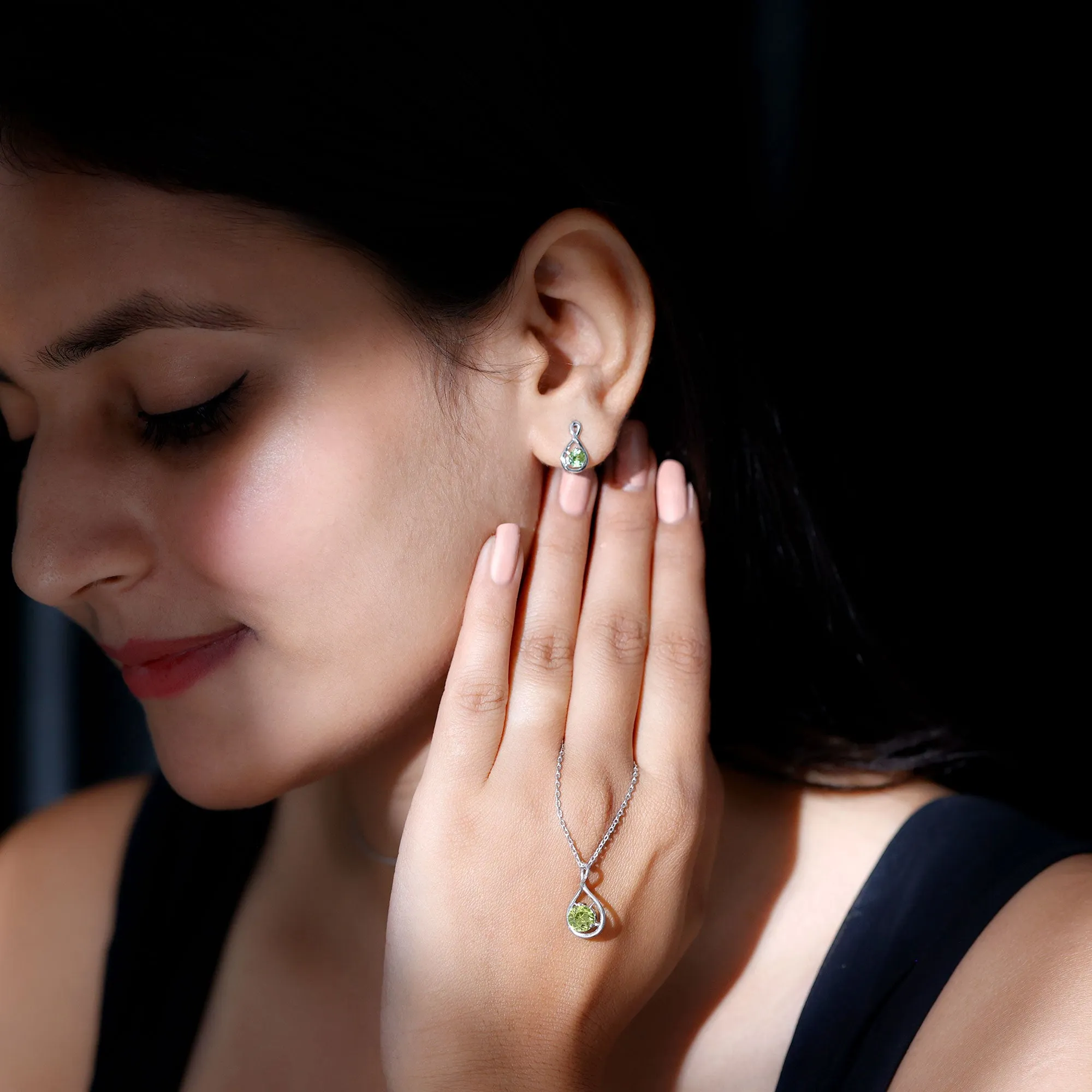 Peridot Solitaire Pendant and Earring Set with Infinity Design