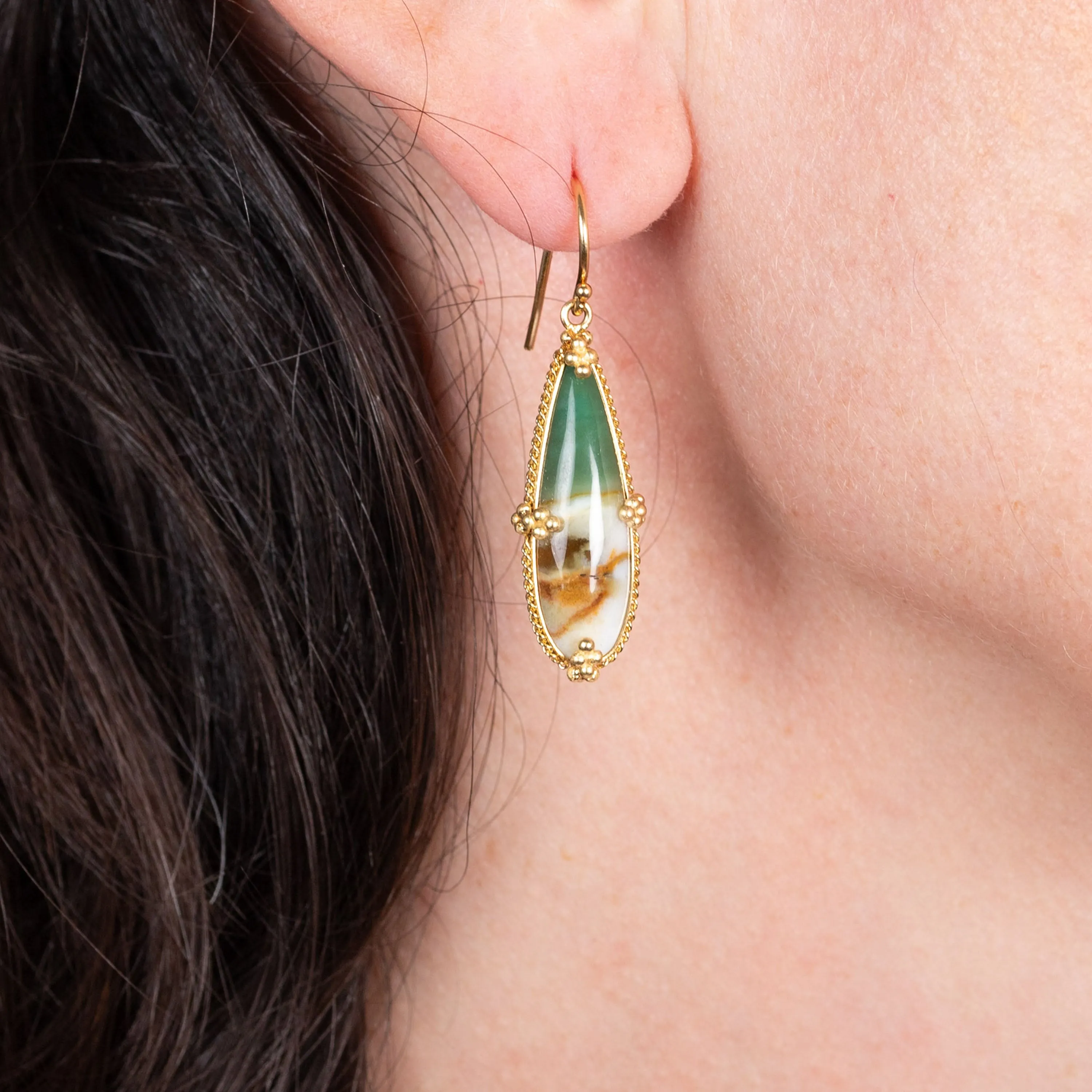 Petrified Wood and Blue Opal 18k One-of-a-Kind Earrings