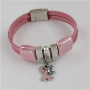 Pink  Awareness Leather Bracelet Angel Charm
