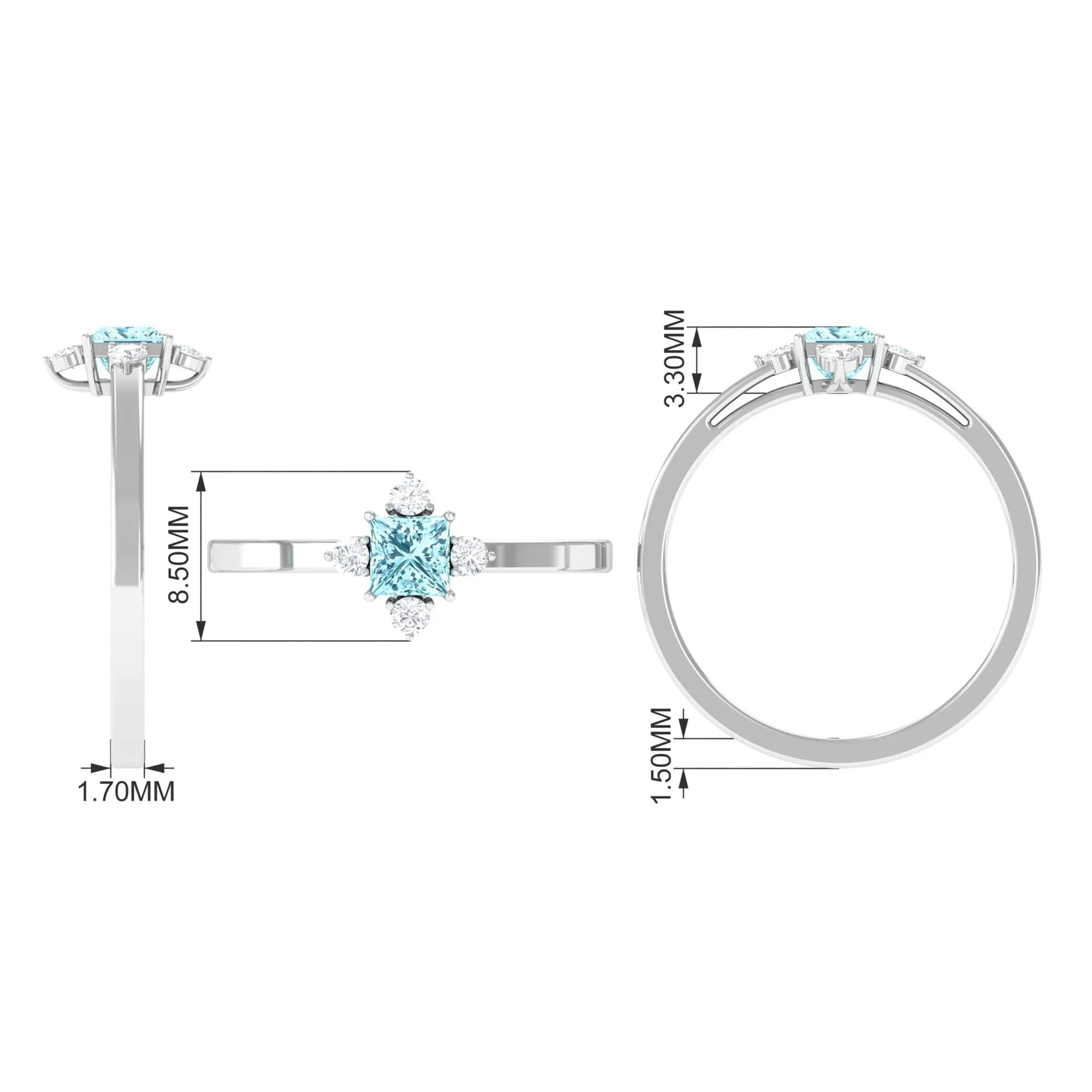 Princess Aquamarine Solitaire Promise Ring with Diamond
