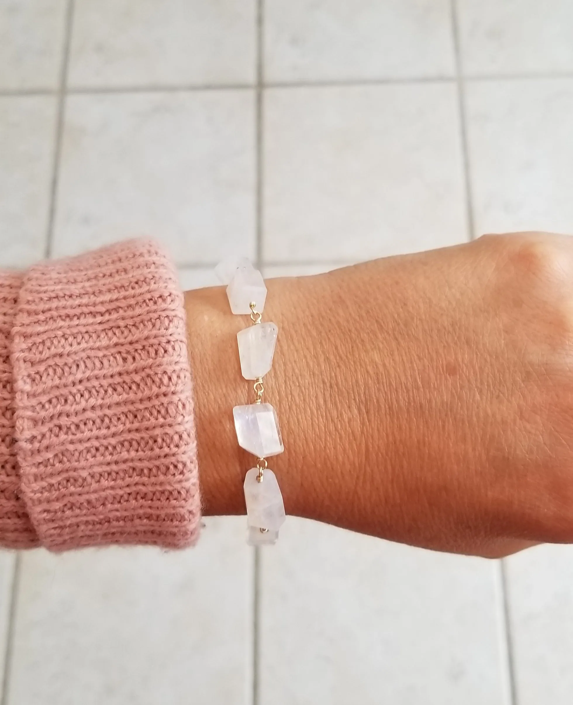 Rainbow Moonstone Bracelet, Gift for Mother's, Chunky Stone Bracelet
