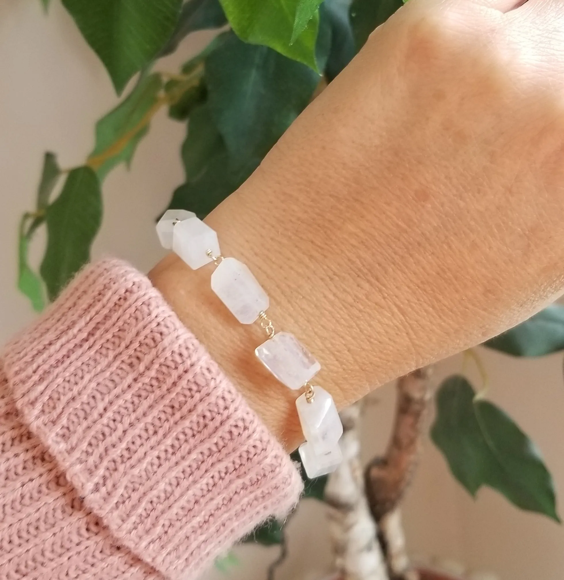 Rainbow Moonstone Bracelet, Gift for Mother's, Chunky Stone Bracelet