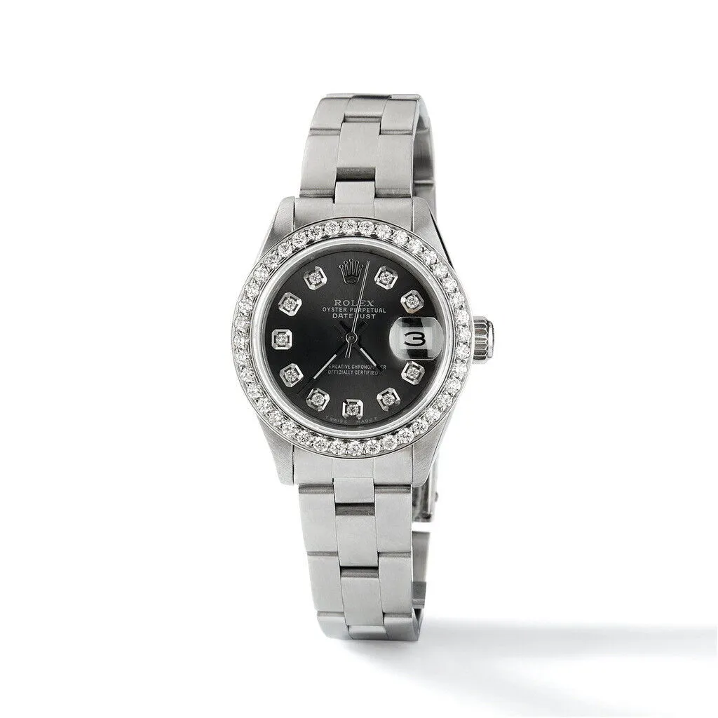 Rolex Datejust Ladies 26mm Diamond Bezel/Black Raven Dial Oyster Steel Watch TFJ-142508042