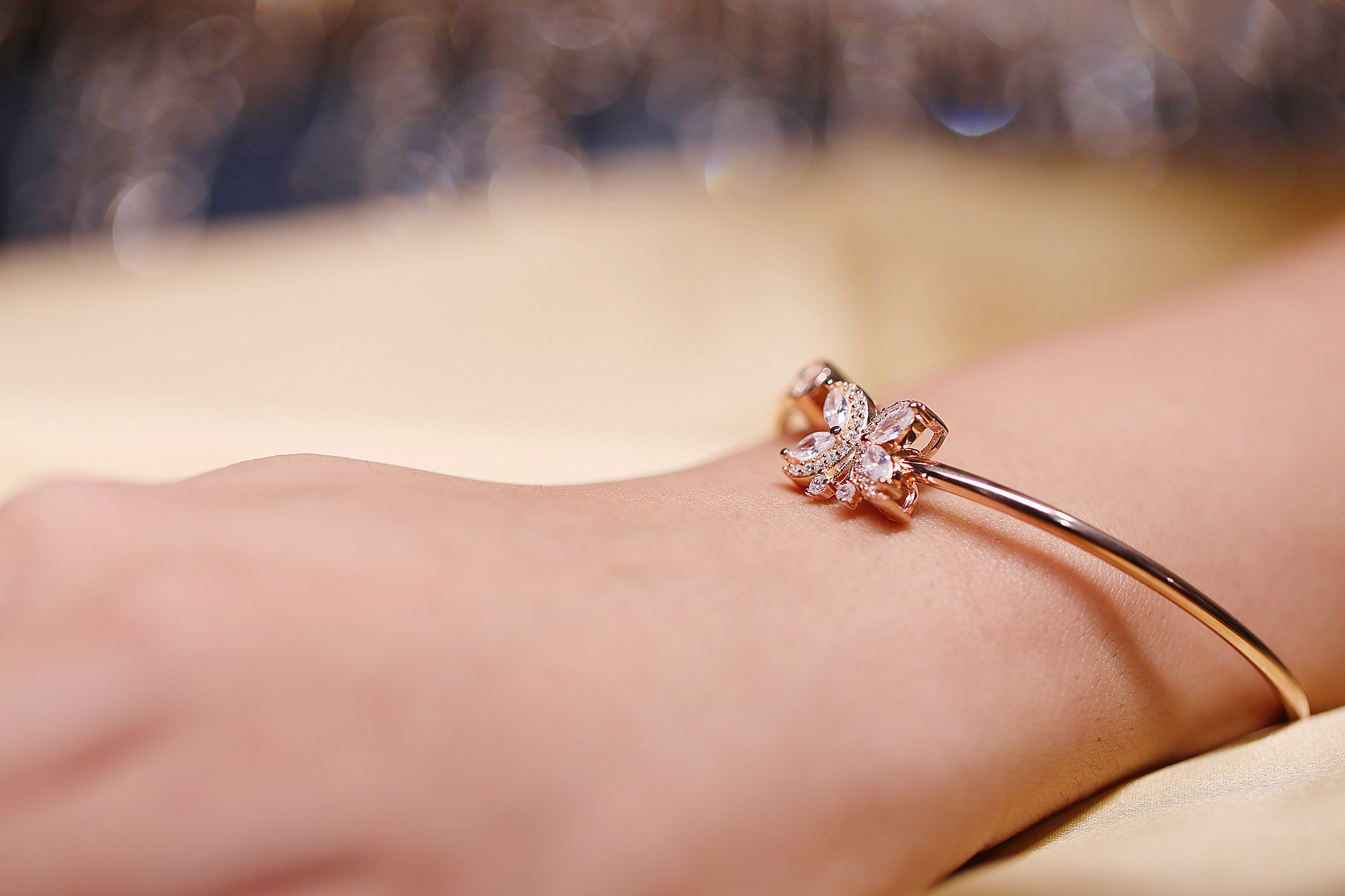 Rose gold butterfly open bangle bracelet