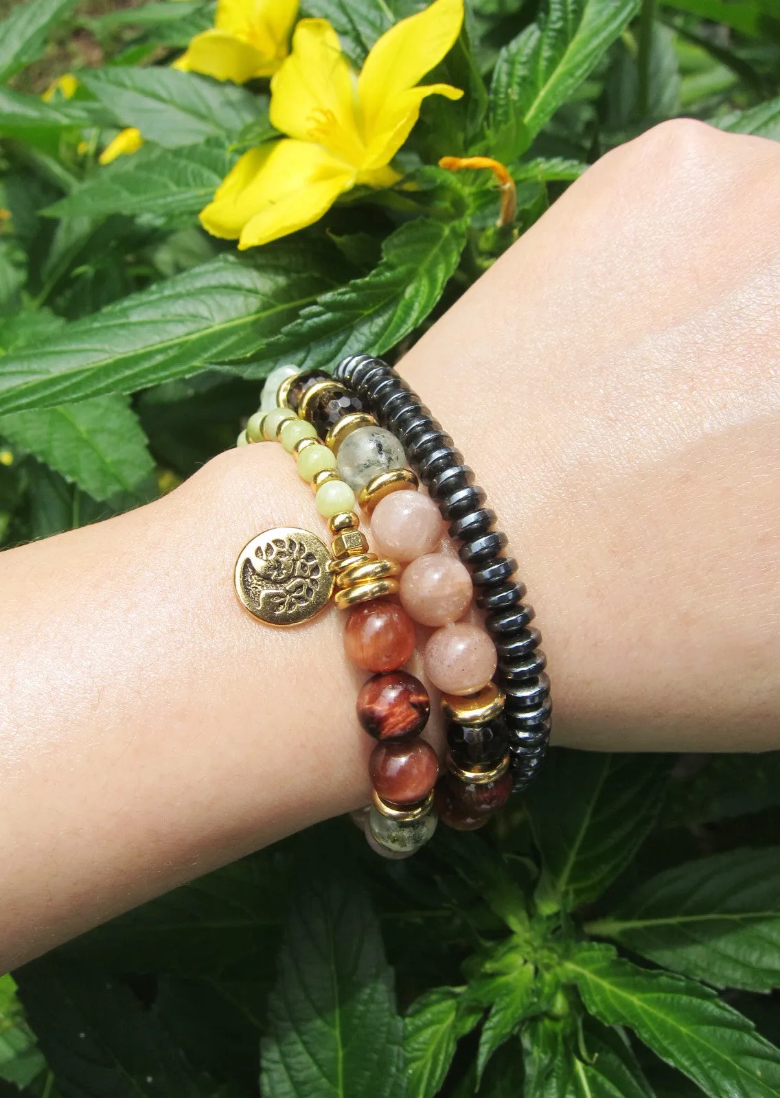 SALE - 27 Bead Mala in Smoky Quartz, Sunstone, Prehnite Bracelet