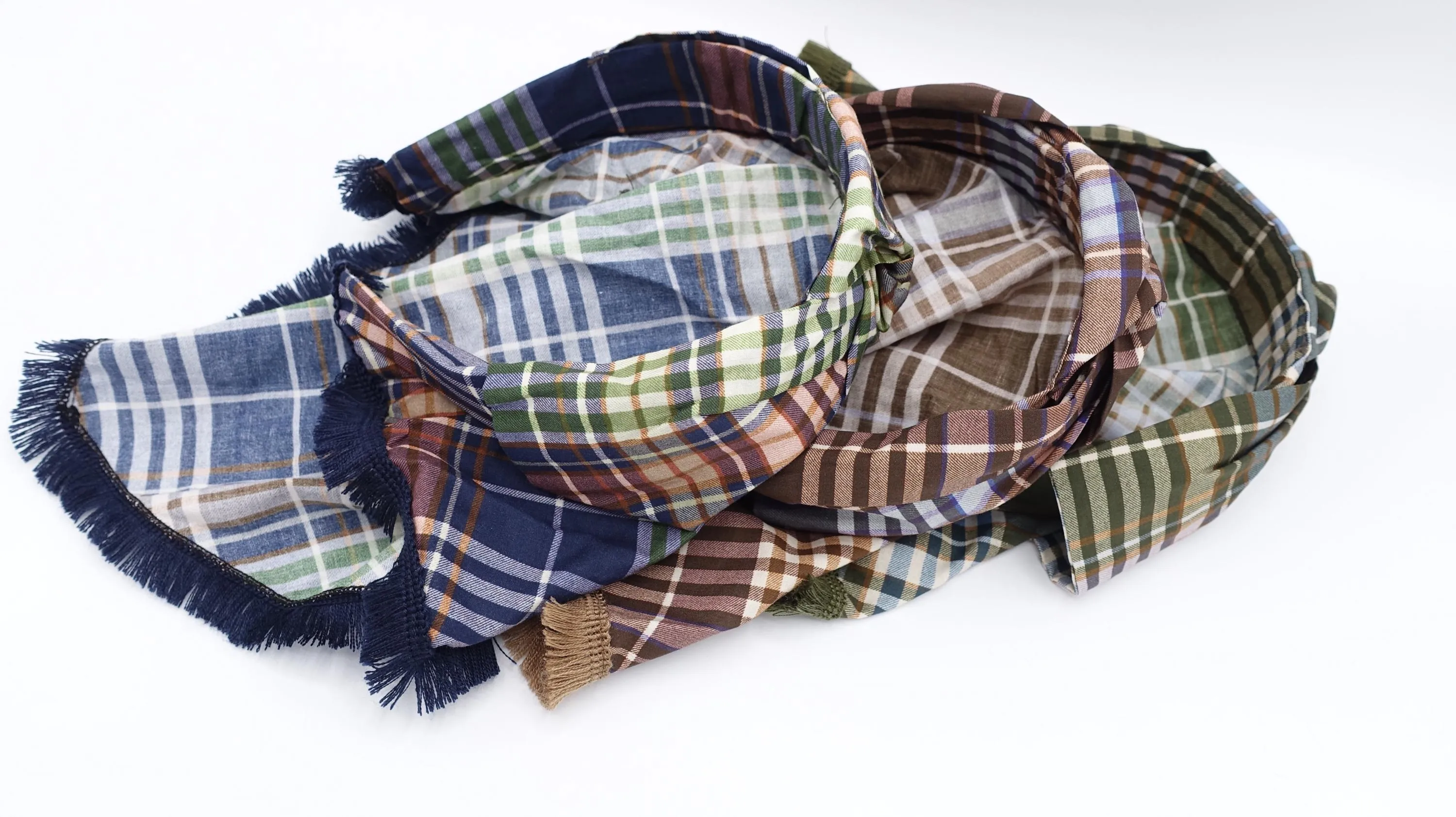 scarf headband, hair covering headband, fringe trim headband, plaid top knot headband