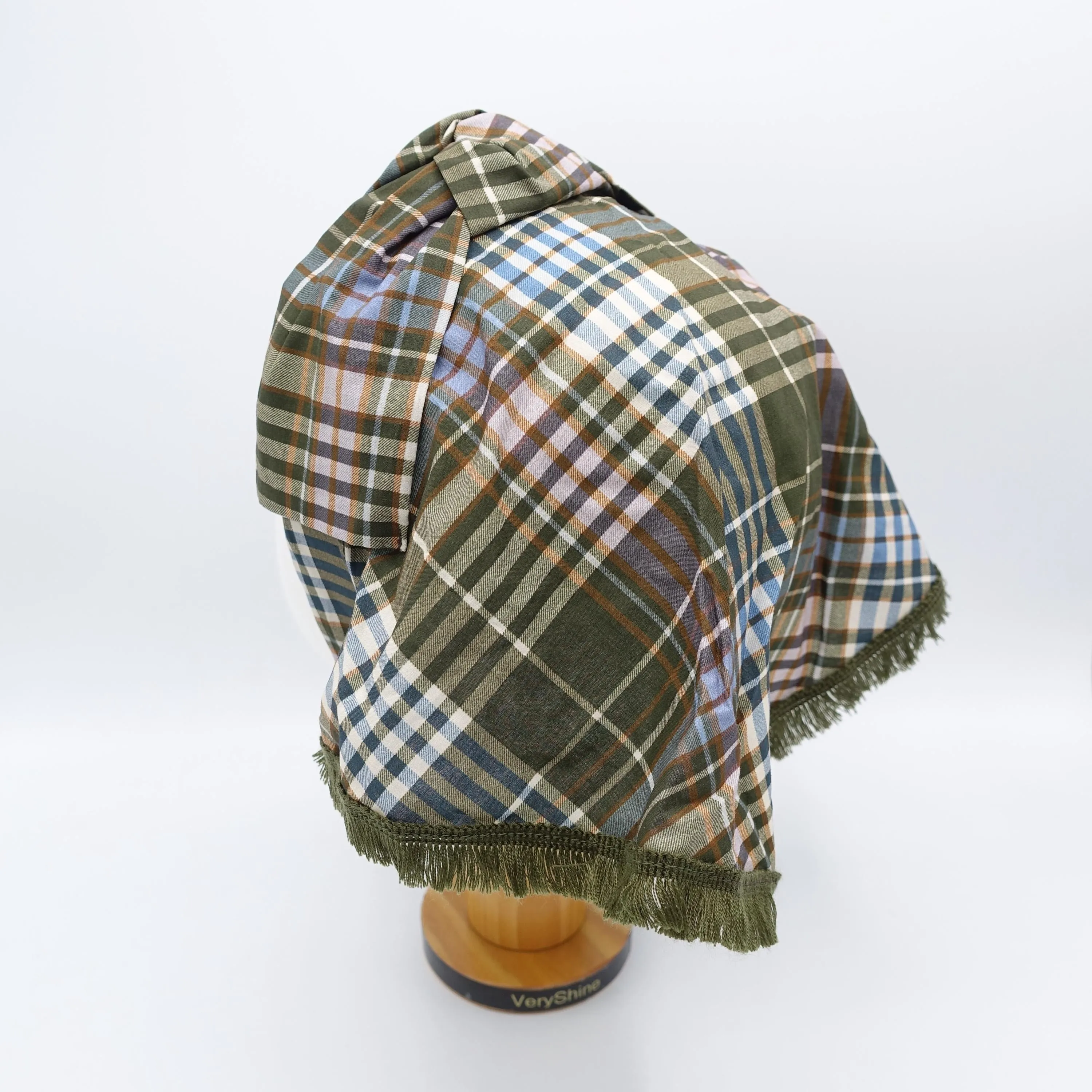 scarf headband, hair covering headband, fringe trim headband, plaid top knot headband