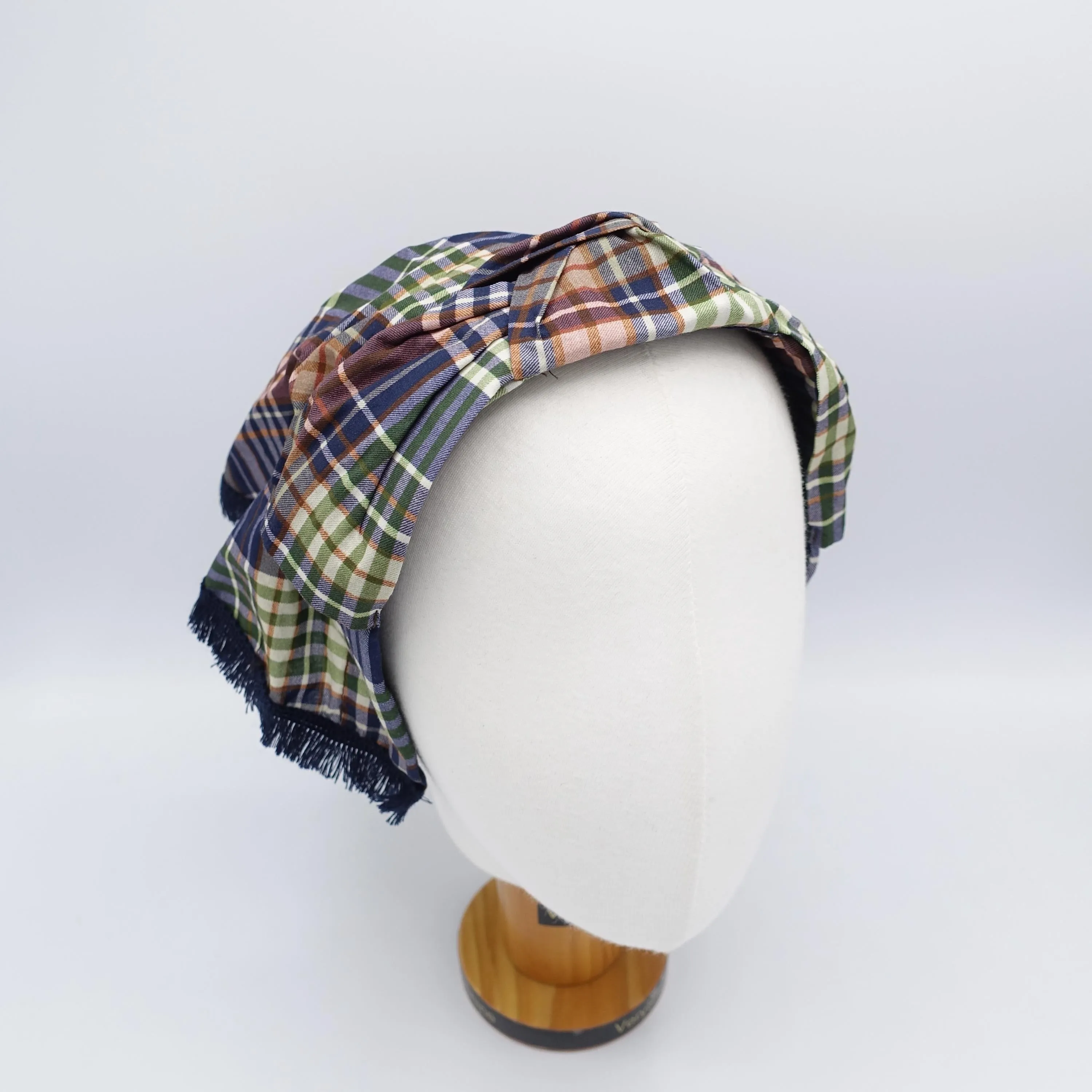 scarf headband, hair covering headband, fringe trim headband, plaid top knot headband