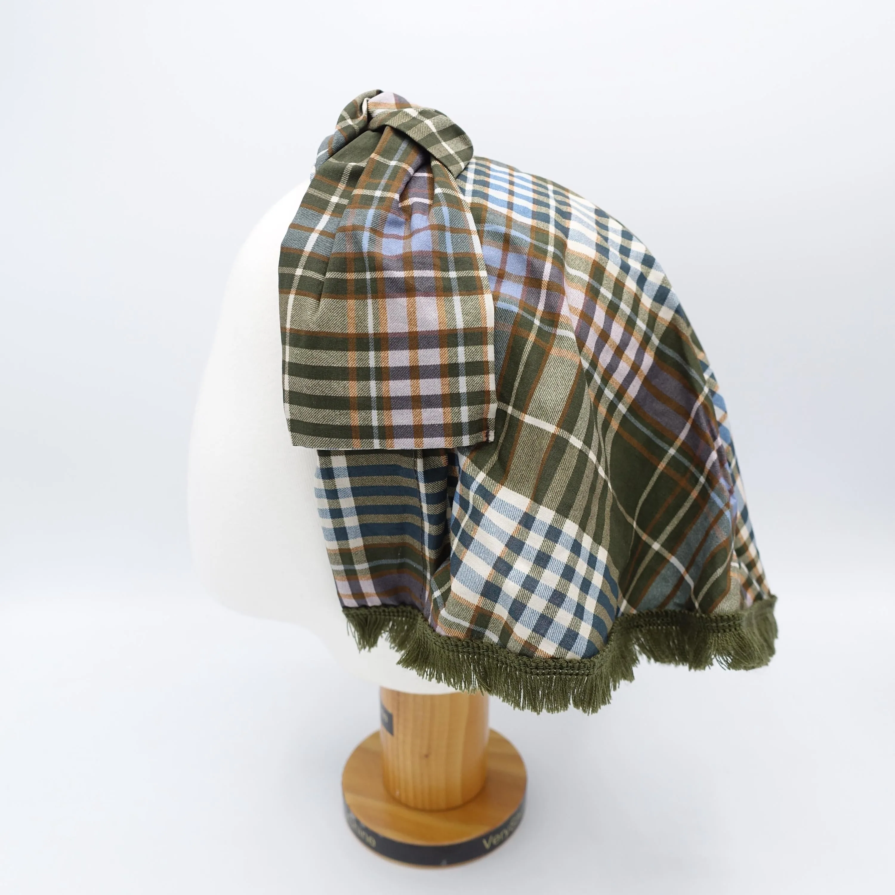 scarf headband, hair covering headband, fringe trim headband, plaid top knot headband