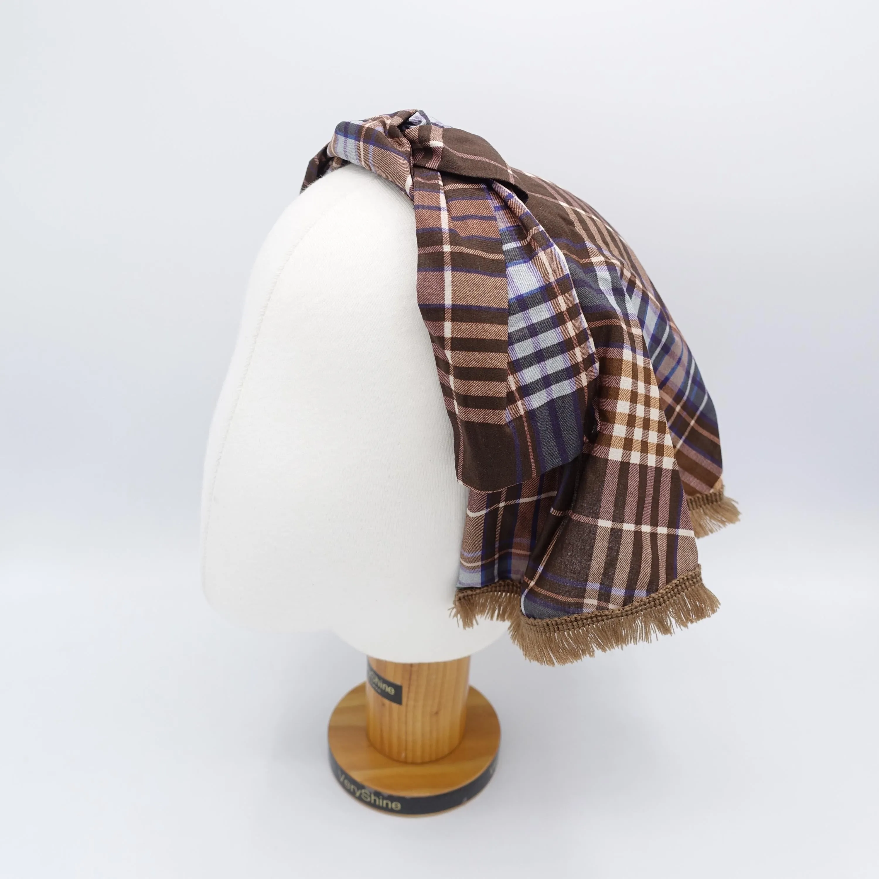 scarf headband, hair covering headband, fringe trim headband, plaid top knot headband