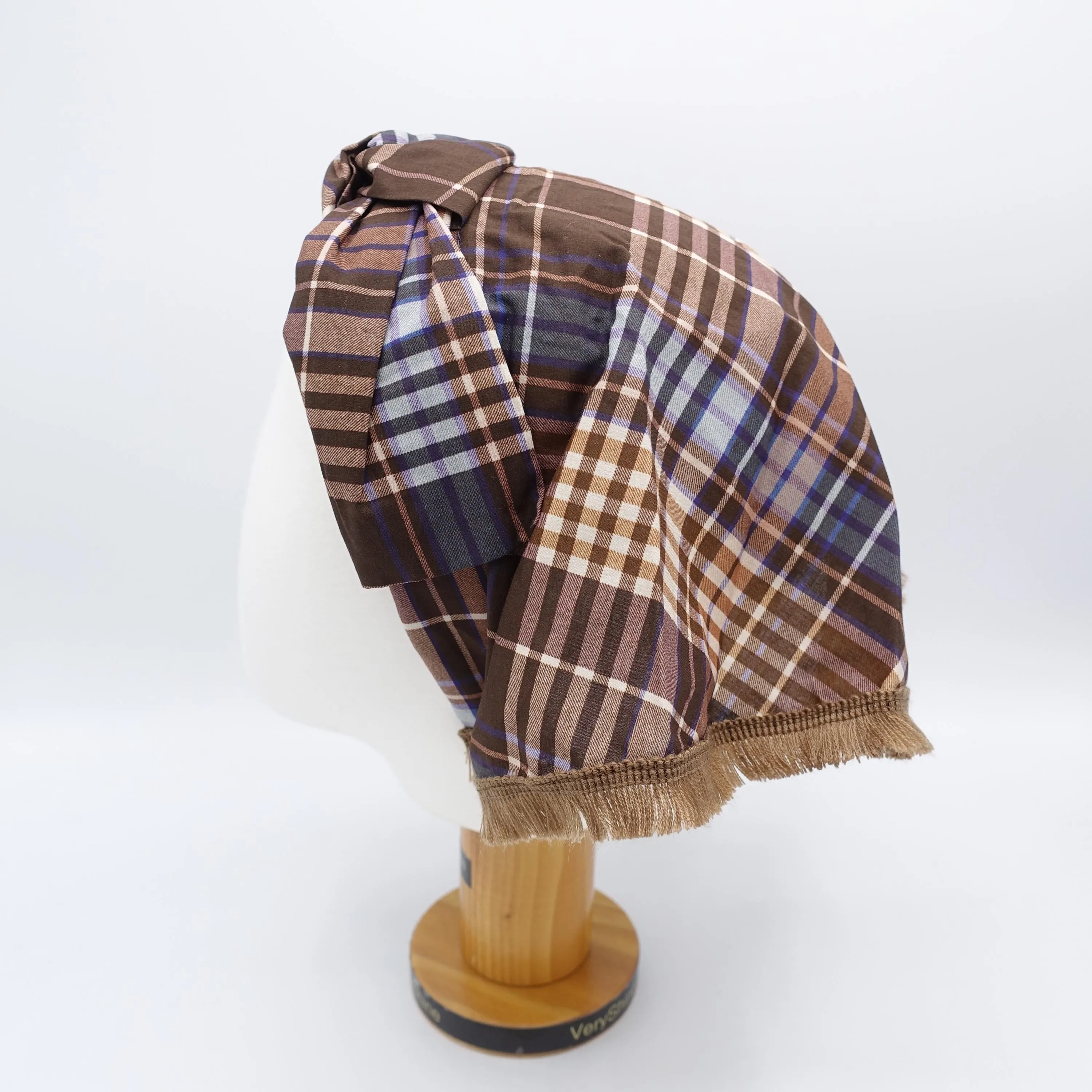 scarf headband, hair covering headband, fringe trim headband, plaid top knot headband