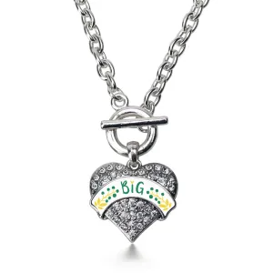 Silver Emerald Green and Canary Yellow Big Pave Heart Charm Toggle Necklace