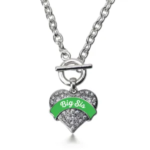 Silver Emerald Green Big Sister Pave Heart Charm Toggle Necklace