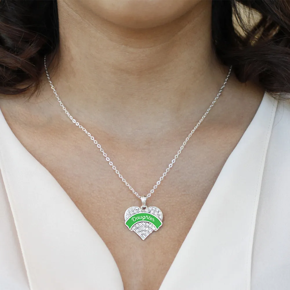 Silver Emerald Green Daughter Pave Heart Charm Classic Necklace