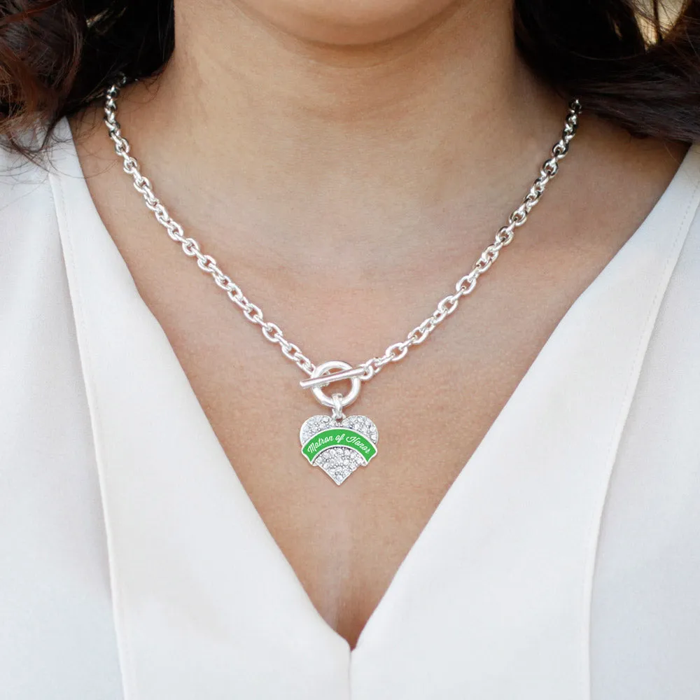 Silver Emerald Green Matron Pave Heart Charm Toggle Necklace