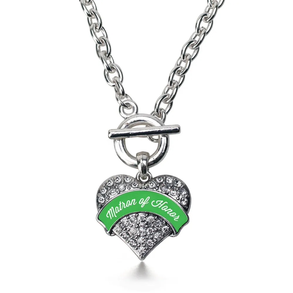 Silver Emerald Green Matron Pave Heart Charm Toggle Necklace