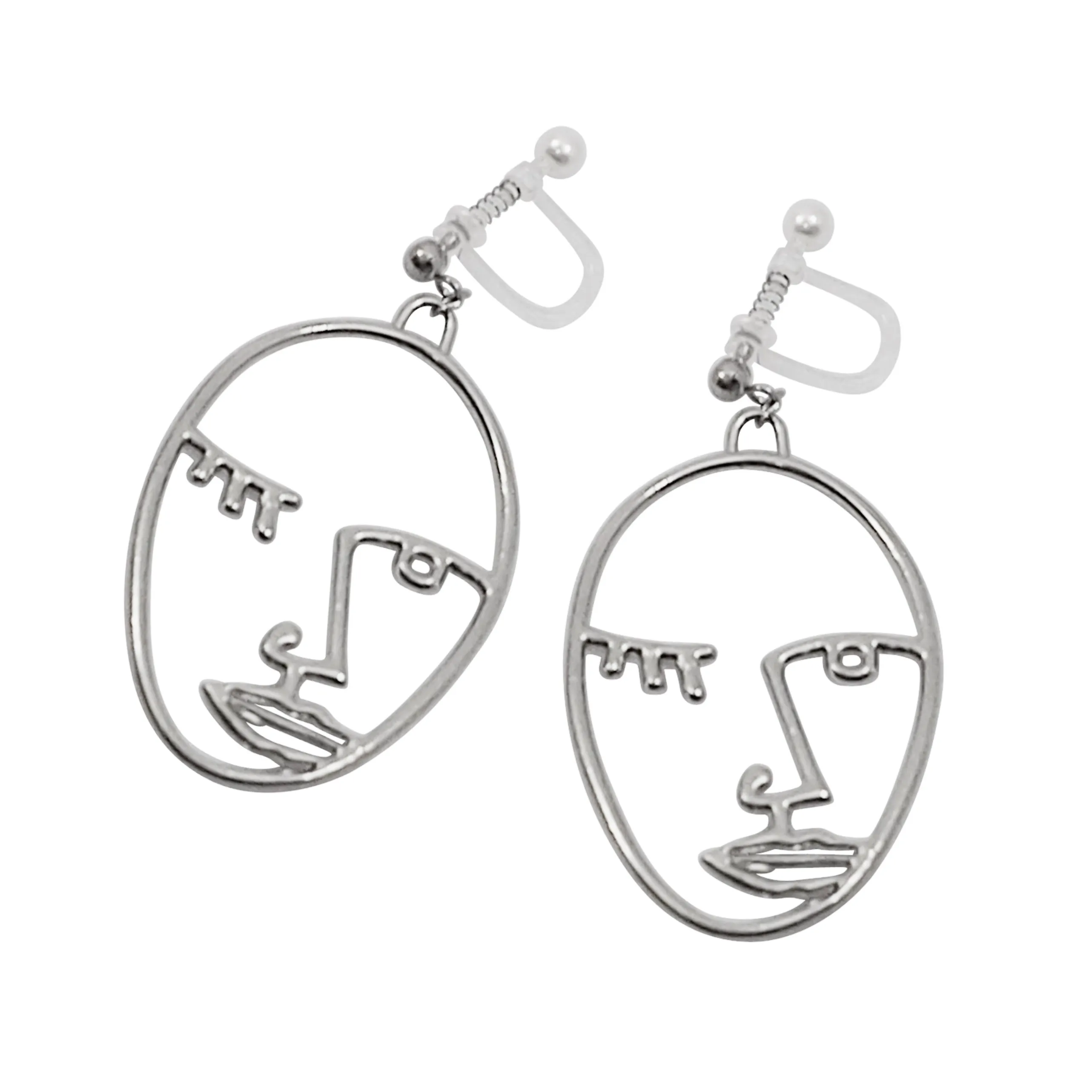 Silver Picasso Face Wink Invisible Clip On Earrings