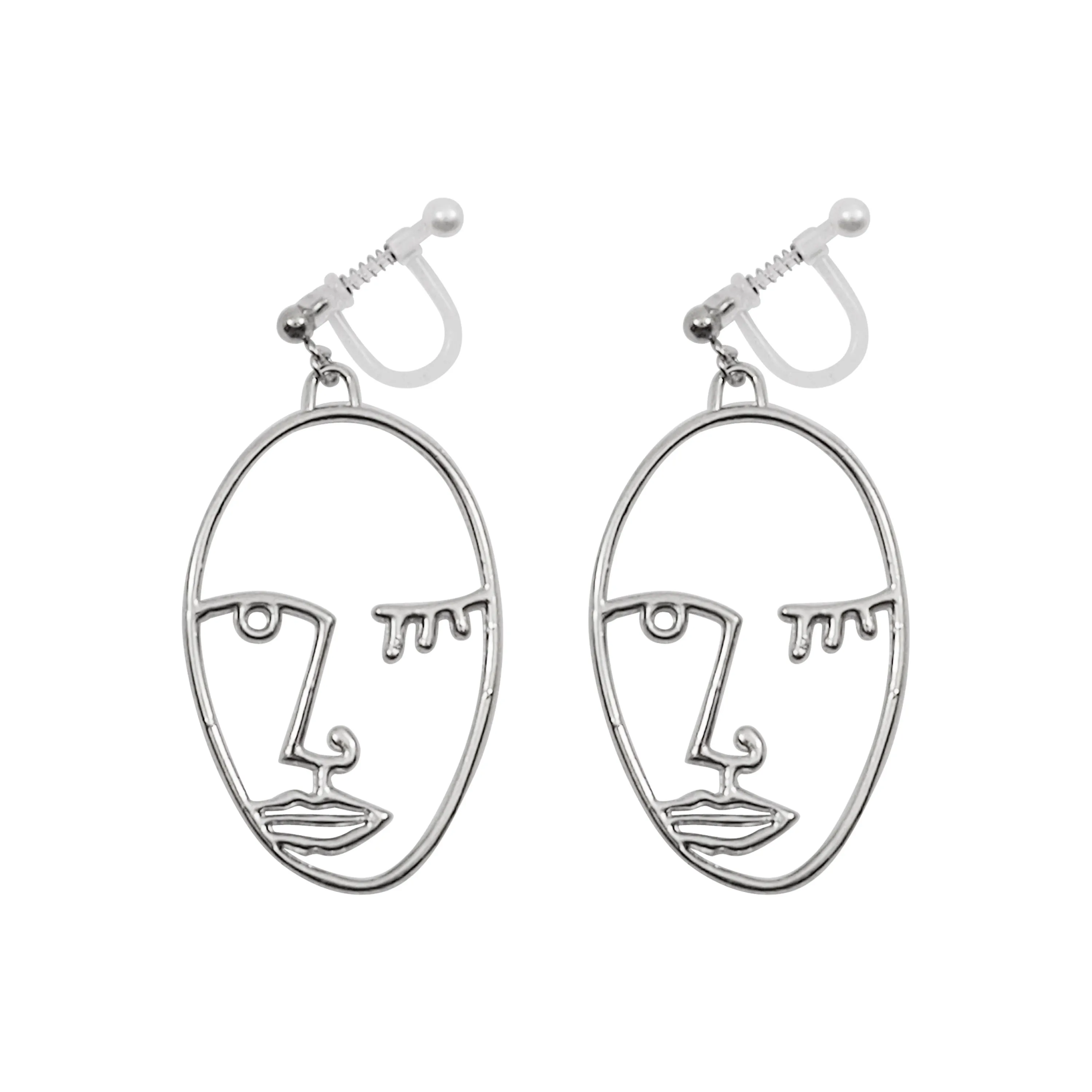 Silver Picasso Face Wink Invisible Clip On Earrings