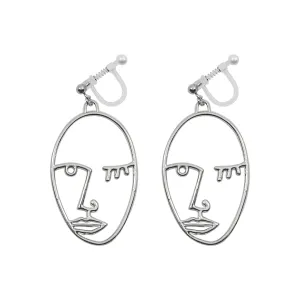 Silver Picasso Face Wink Invisible Clip On Earrings