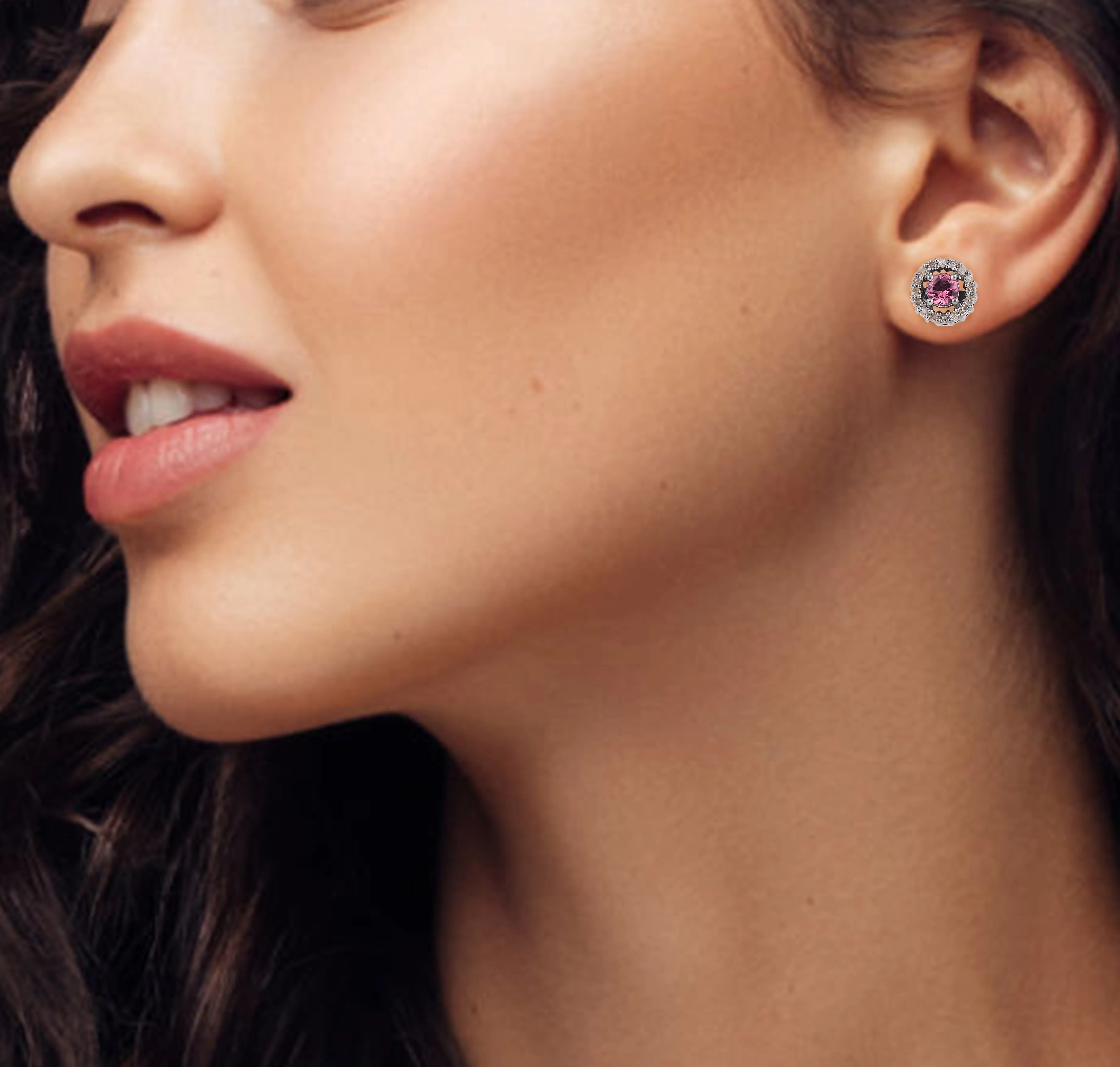Silver Pink Tourmaline Halo Studs Earrings