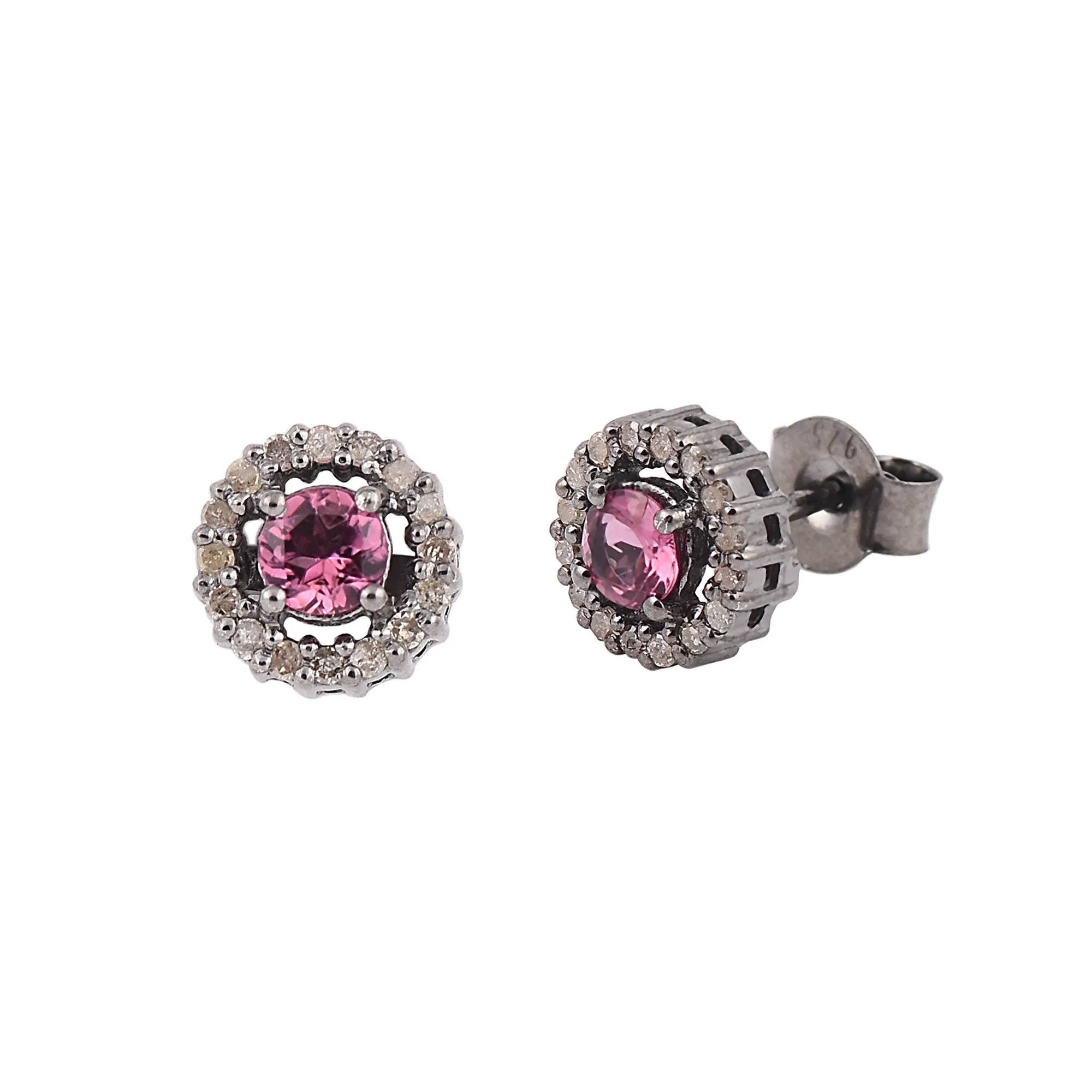 Silver Pink Tourmaline Halo Studs Earrings
