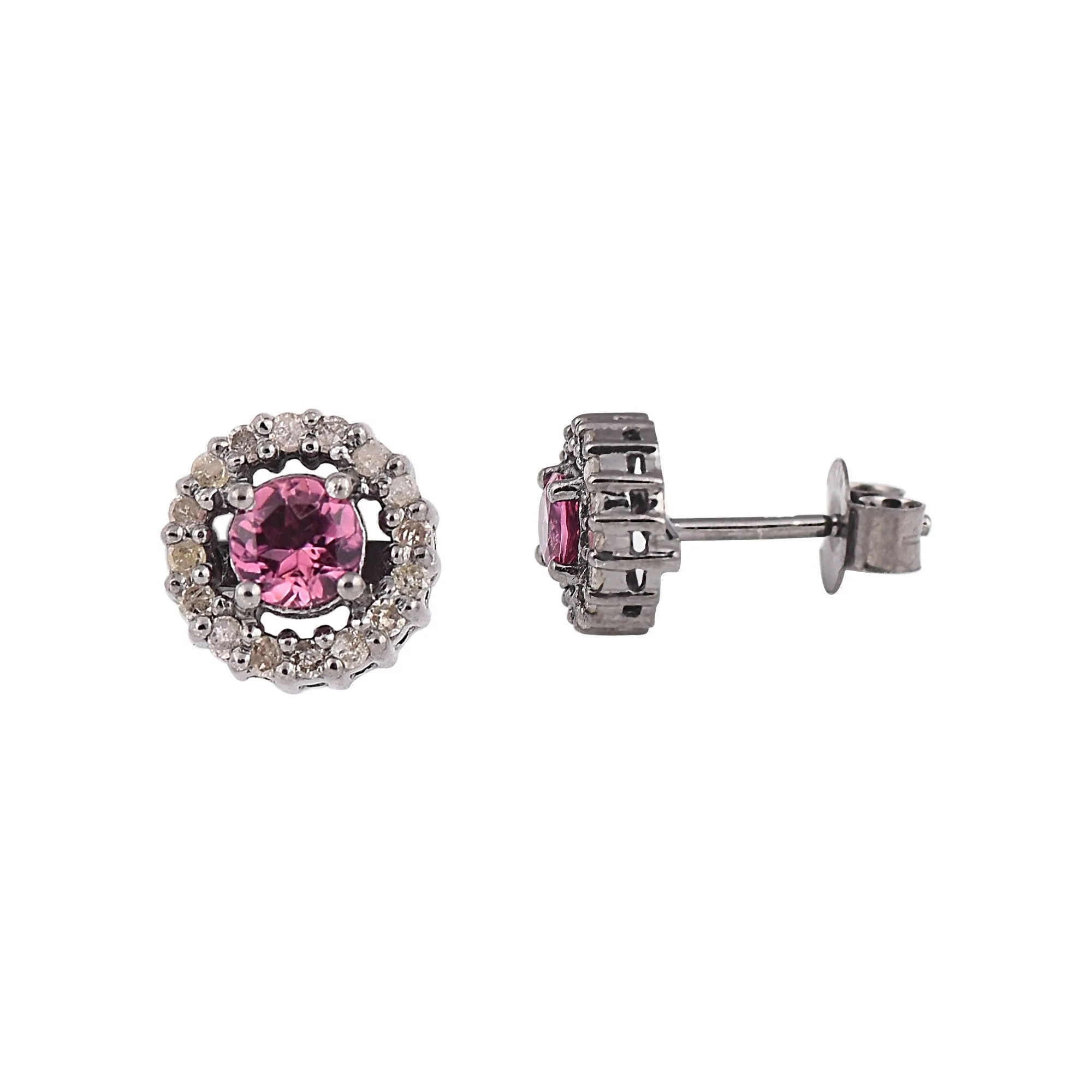 Silver Pink Tourmaline Halo Studs Earrings